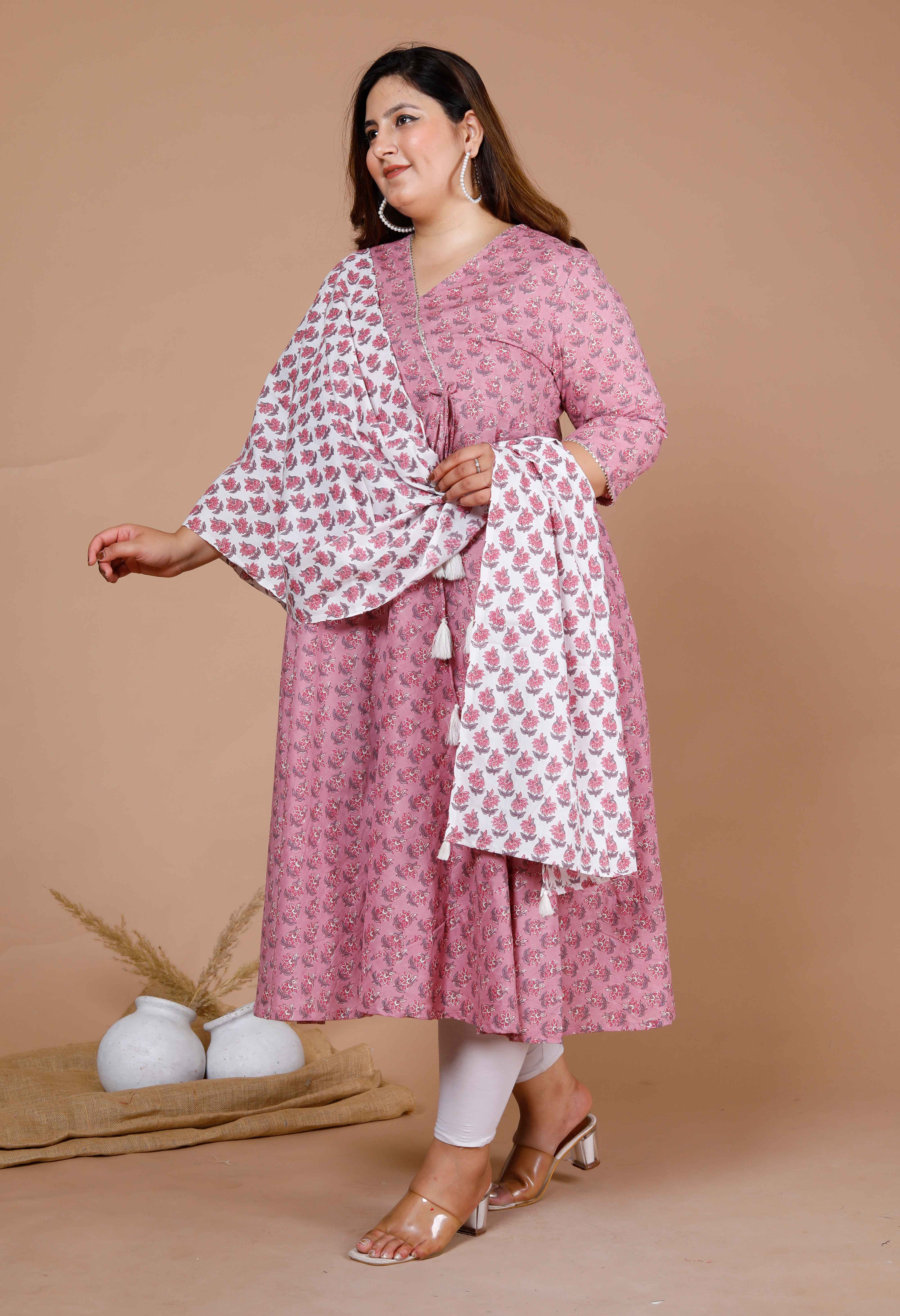 Pink Floral Printed Cotton Anarkali Kurta with Dupatta Set