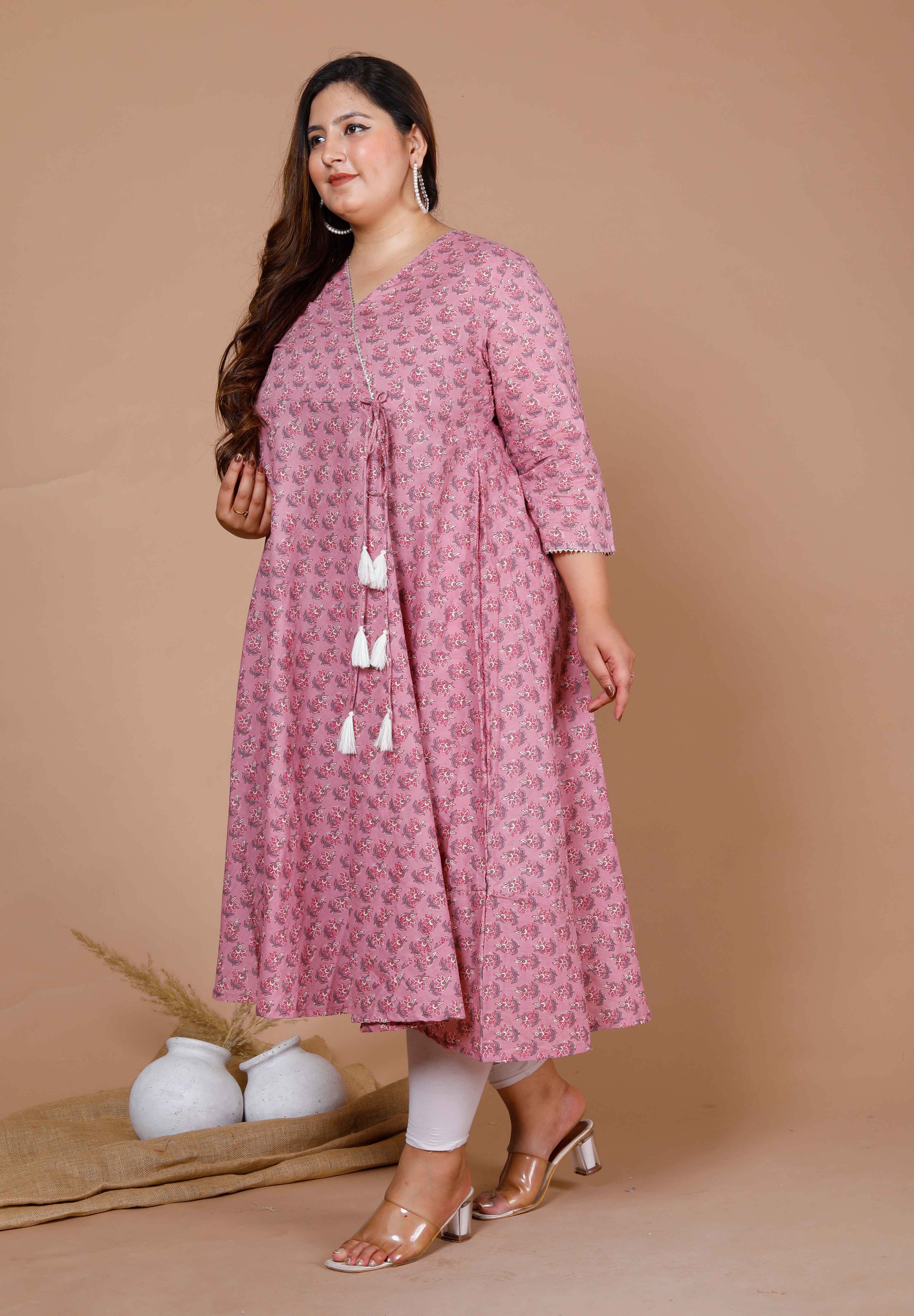 Pink Floral Printed Cotton Anarkali Kurta with Dupatta Set