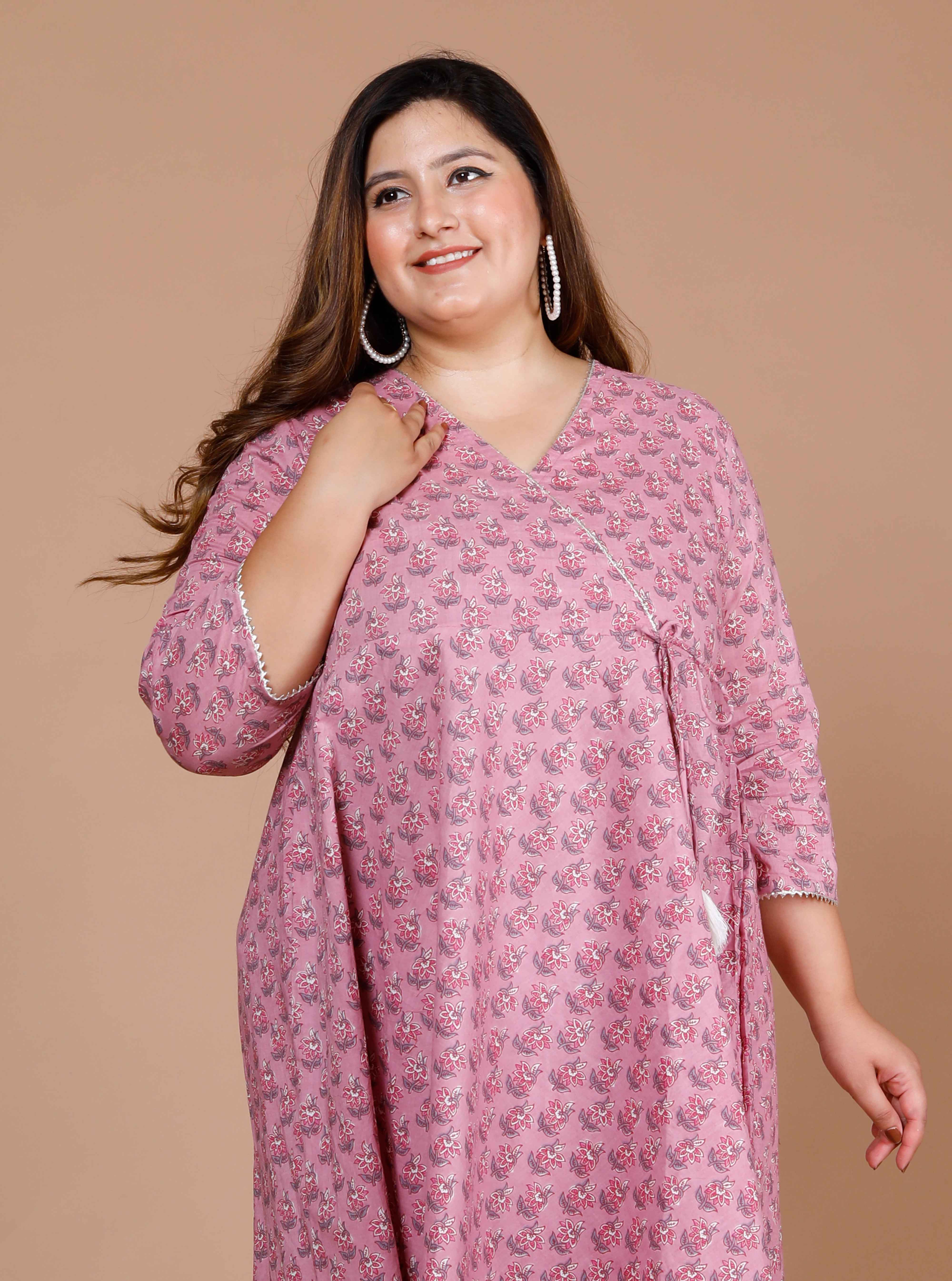 Pink Floral Printed Cotton Anarkali Kurta with Dupatta Set