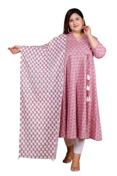 Pink Floral Printed Cotton Anarkali Kurta with Dupatta Set