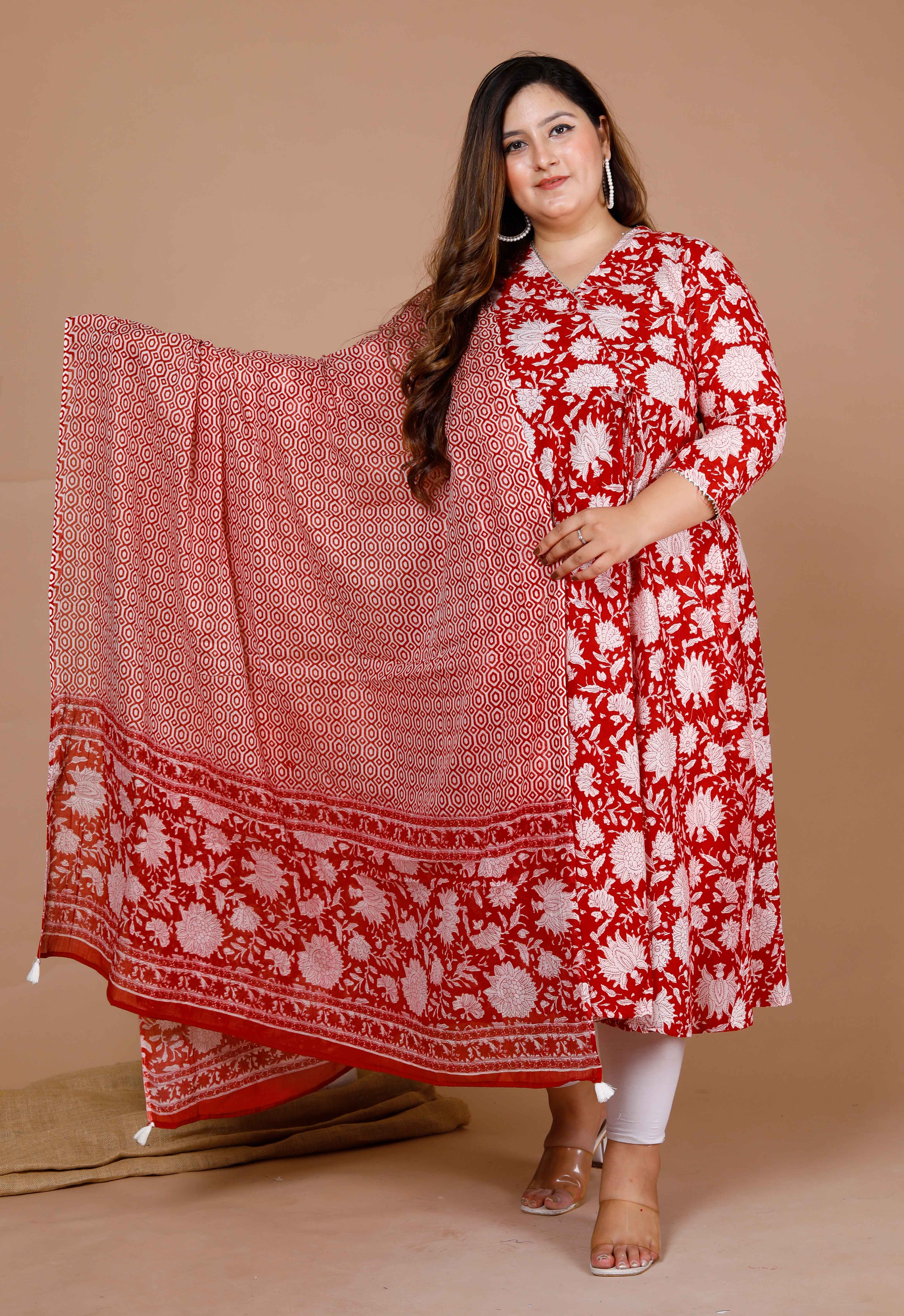 Red Floral Printed Gota Patti V-Neck 3/4th Sleeves Angrakha Style Anarkali Kurta with Dupatta