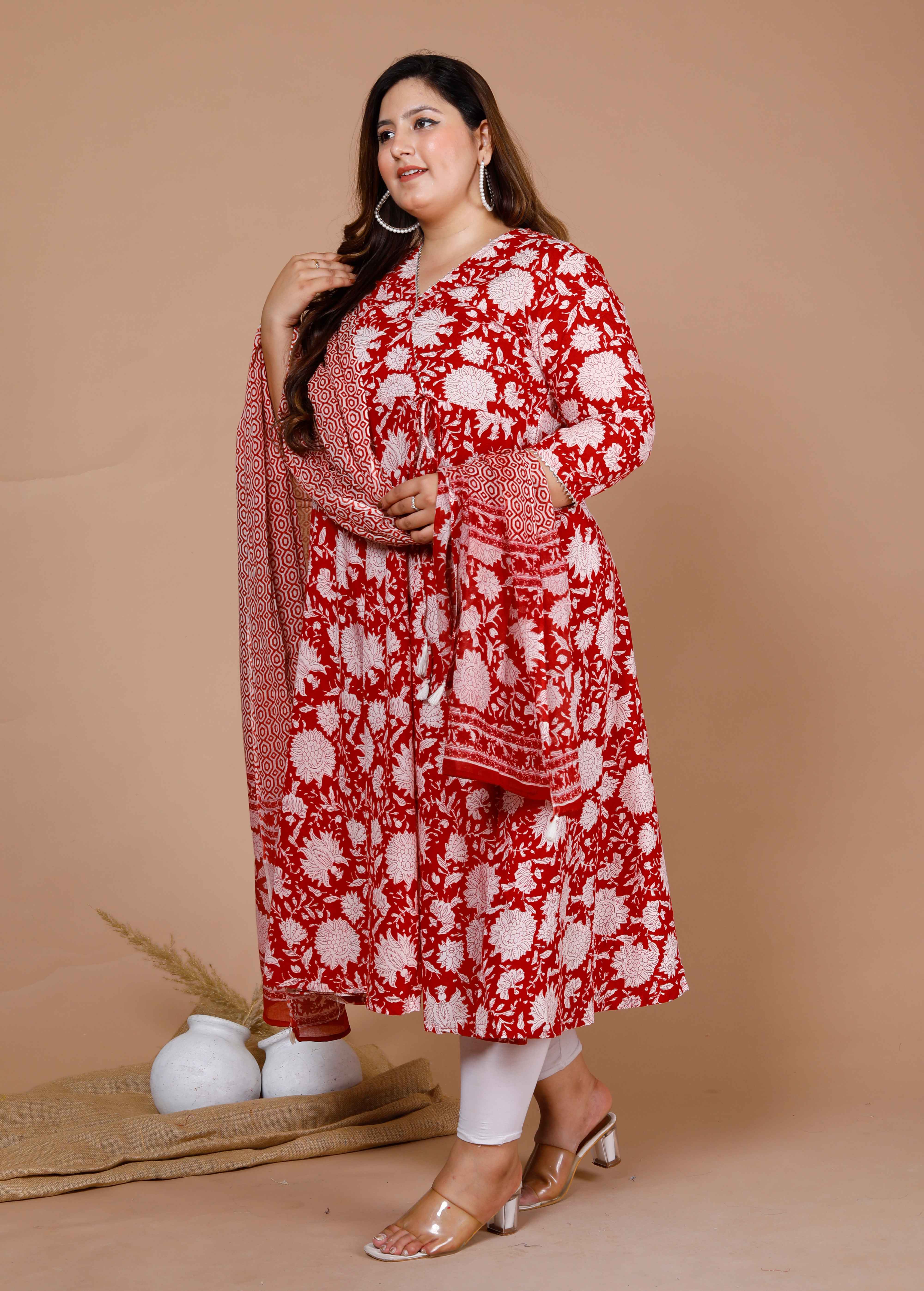 Red Floral Printed Gota Patti V-Neck 3/4th Sleeves Angrakha Style Anarkali Kurta with Dupatta