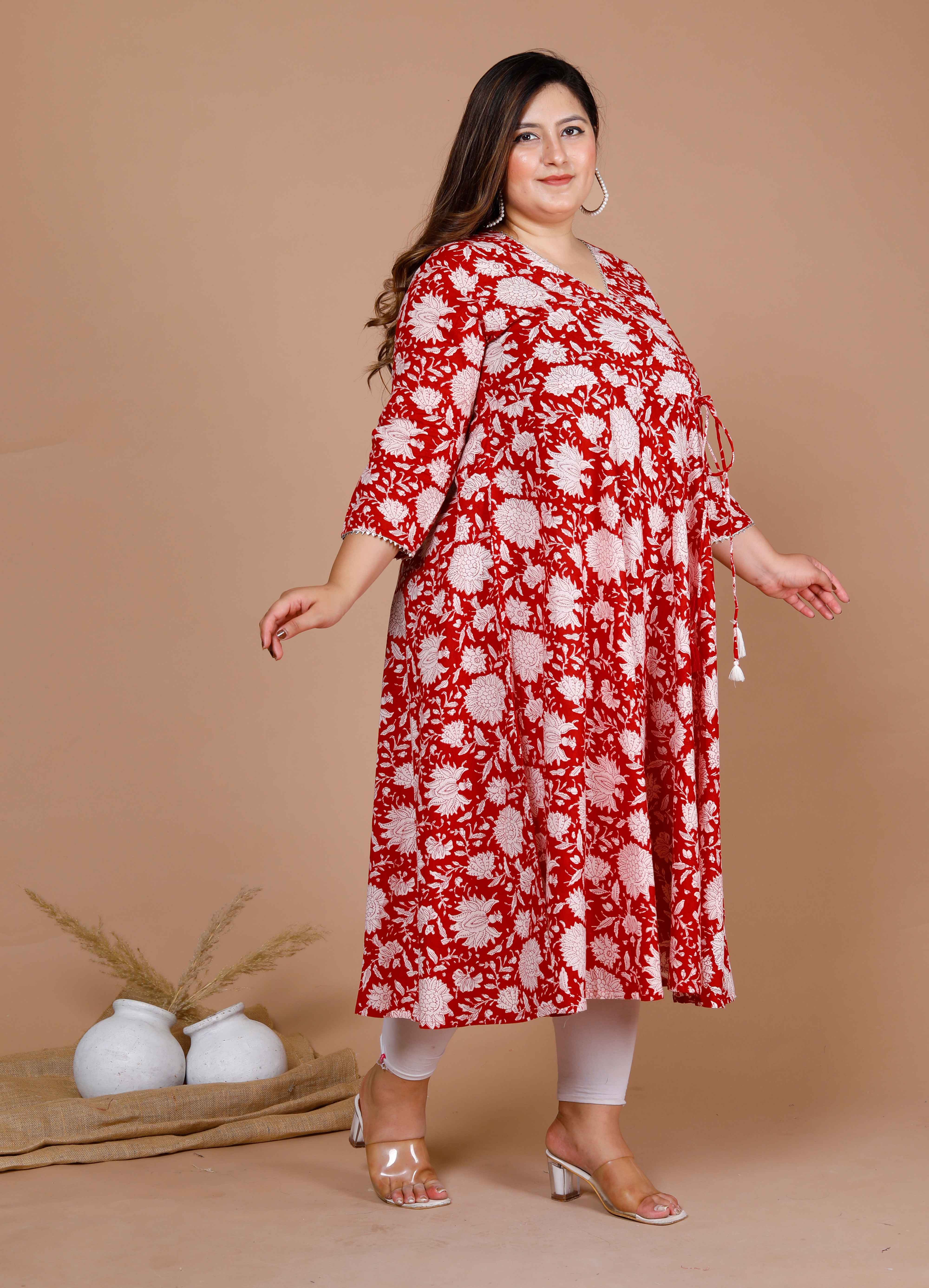 Red Floral Printed Gota Patti V-Neck 3/4th Sleeves Angrakha Style Anarkali Kurta with Dupatta