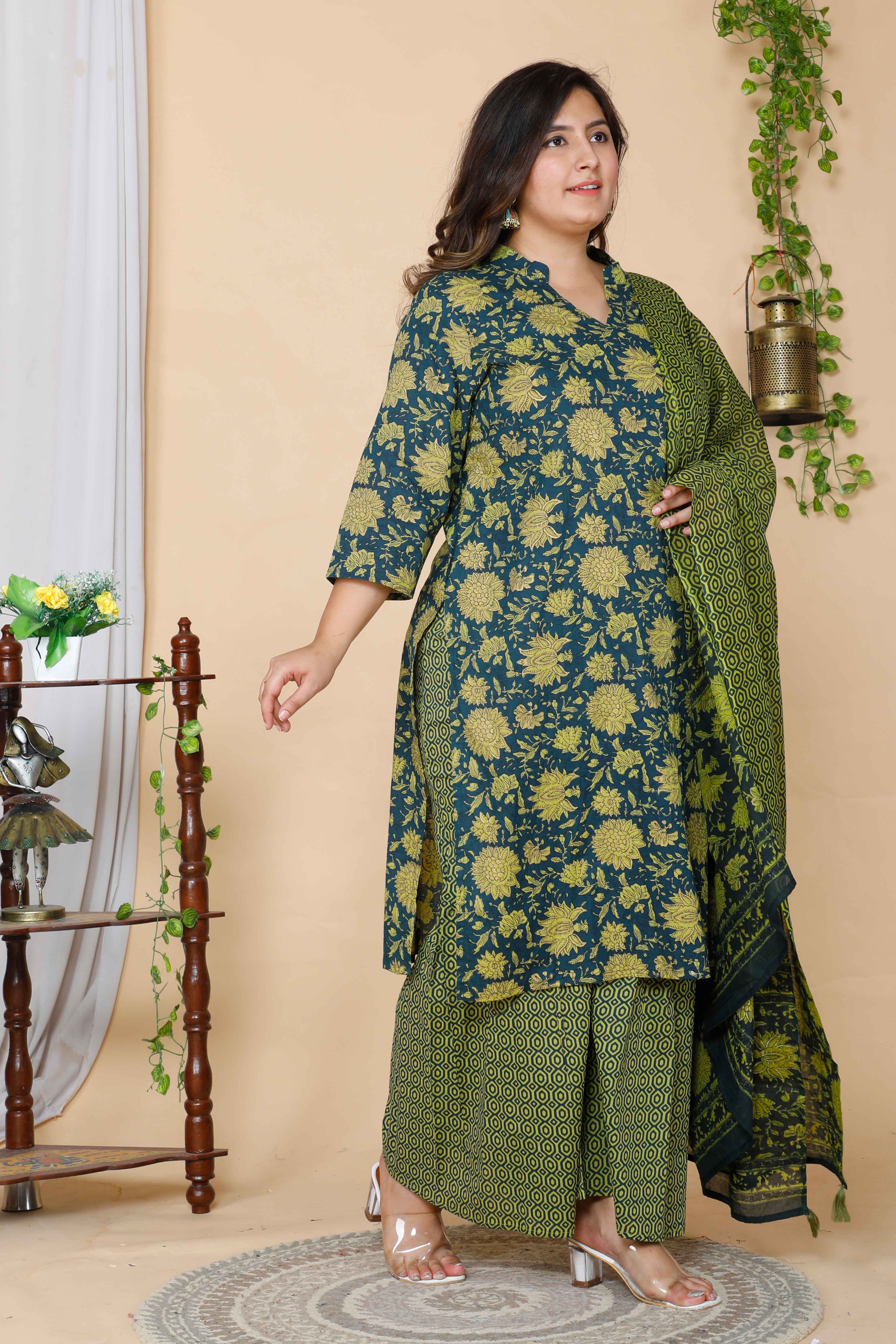 Green Cotton Floral Printed Kurta with Sharara and Dupatta Set