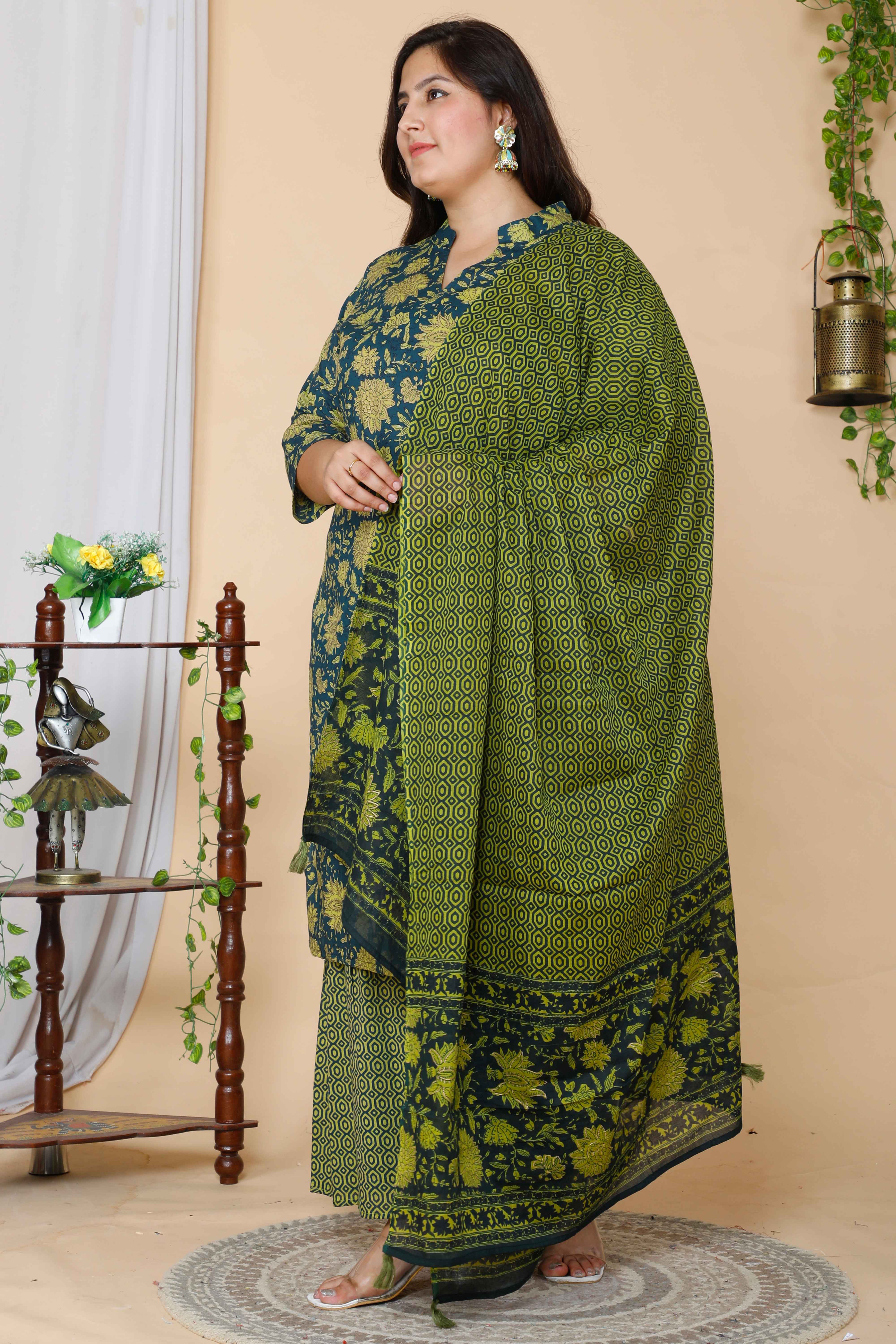 Green Cotton Floral Printed Kurta with Sharara and Dupatta Set
