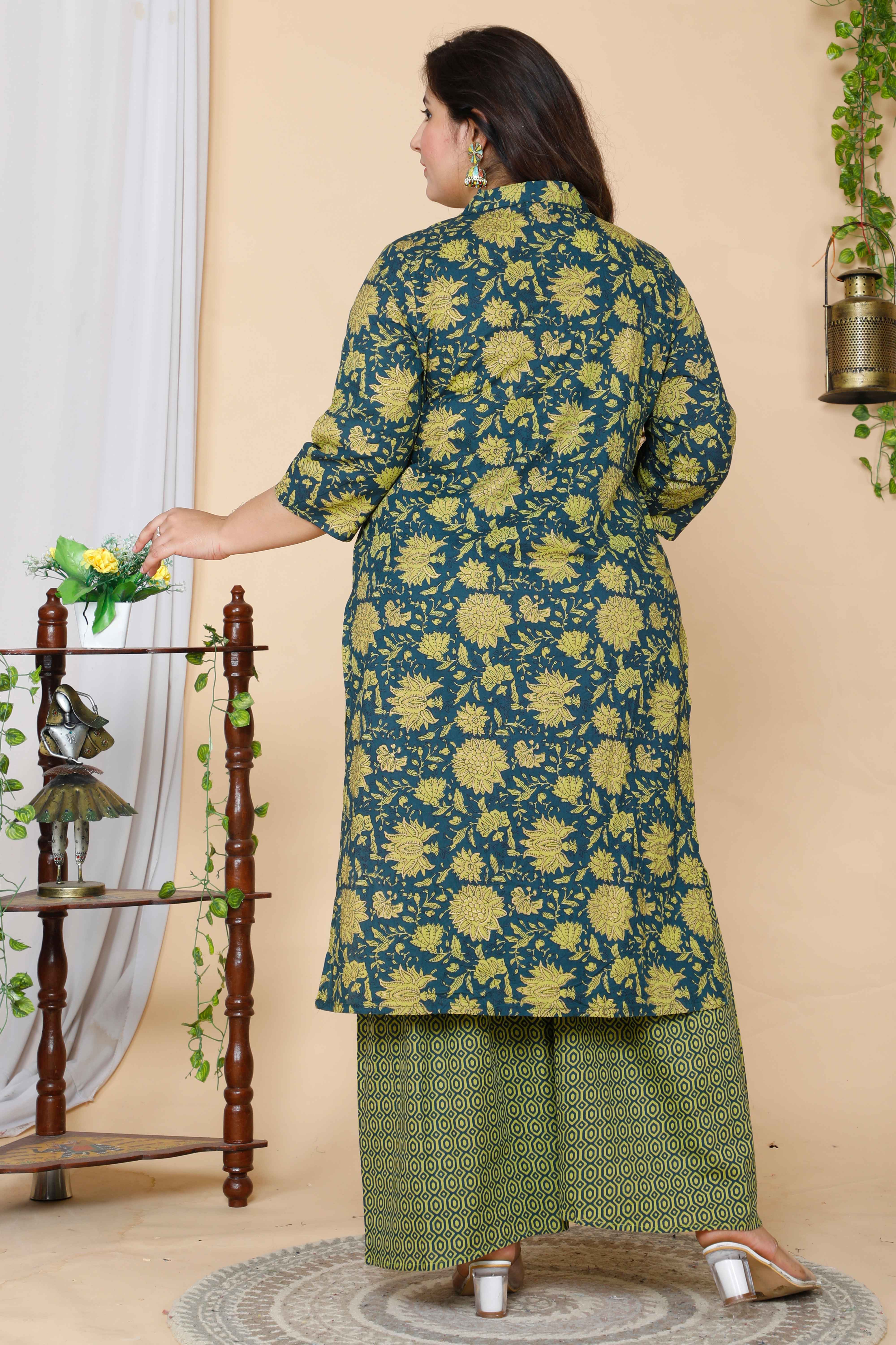 Green Cotton Floral Printed Kurta with Sharara and Dupatta Set