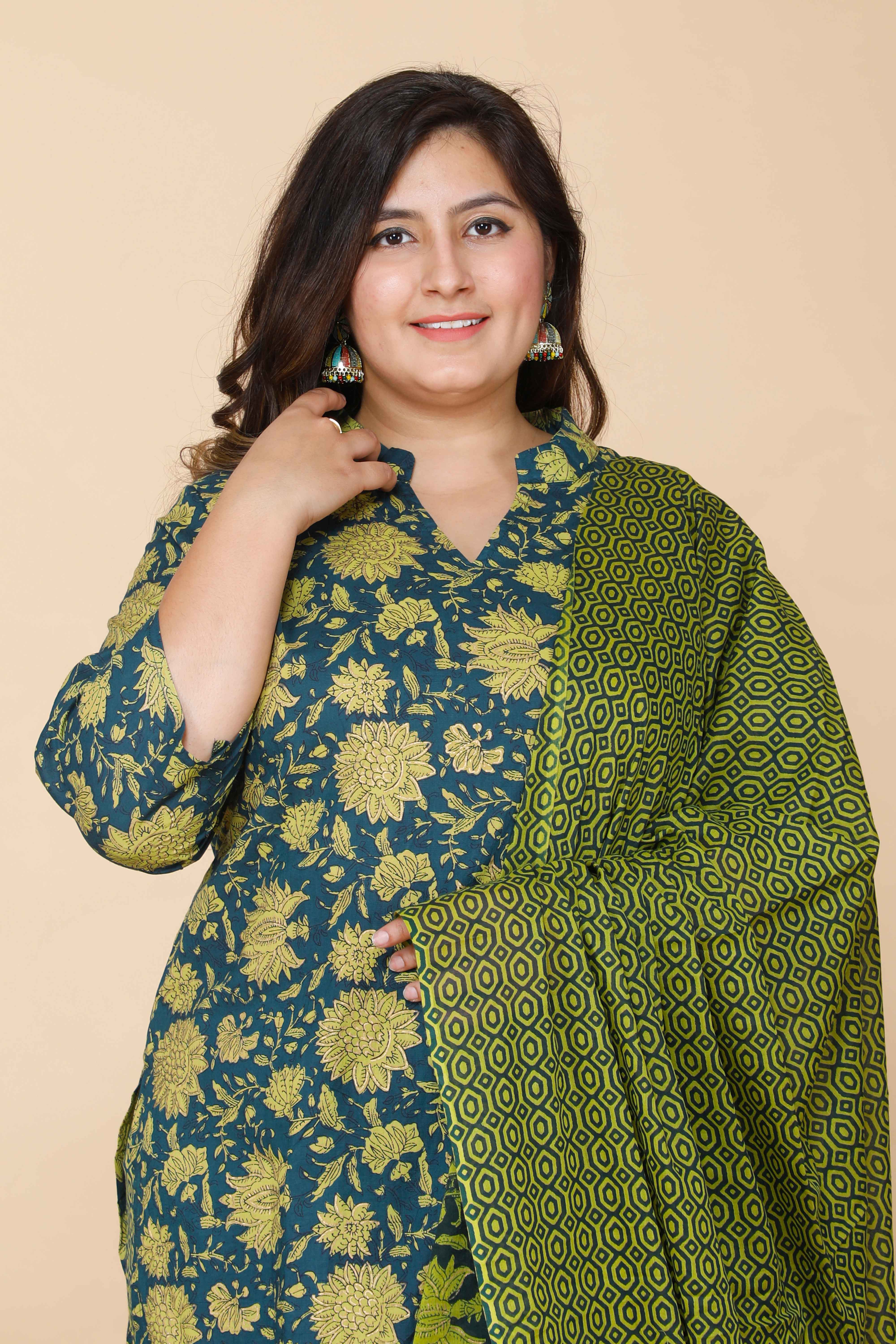 Green Cotton Floral Printed Kurta with Sharara and Dupatta Set