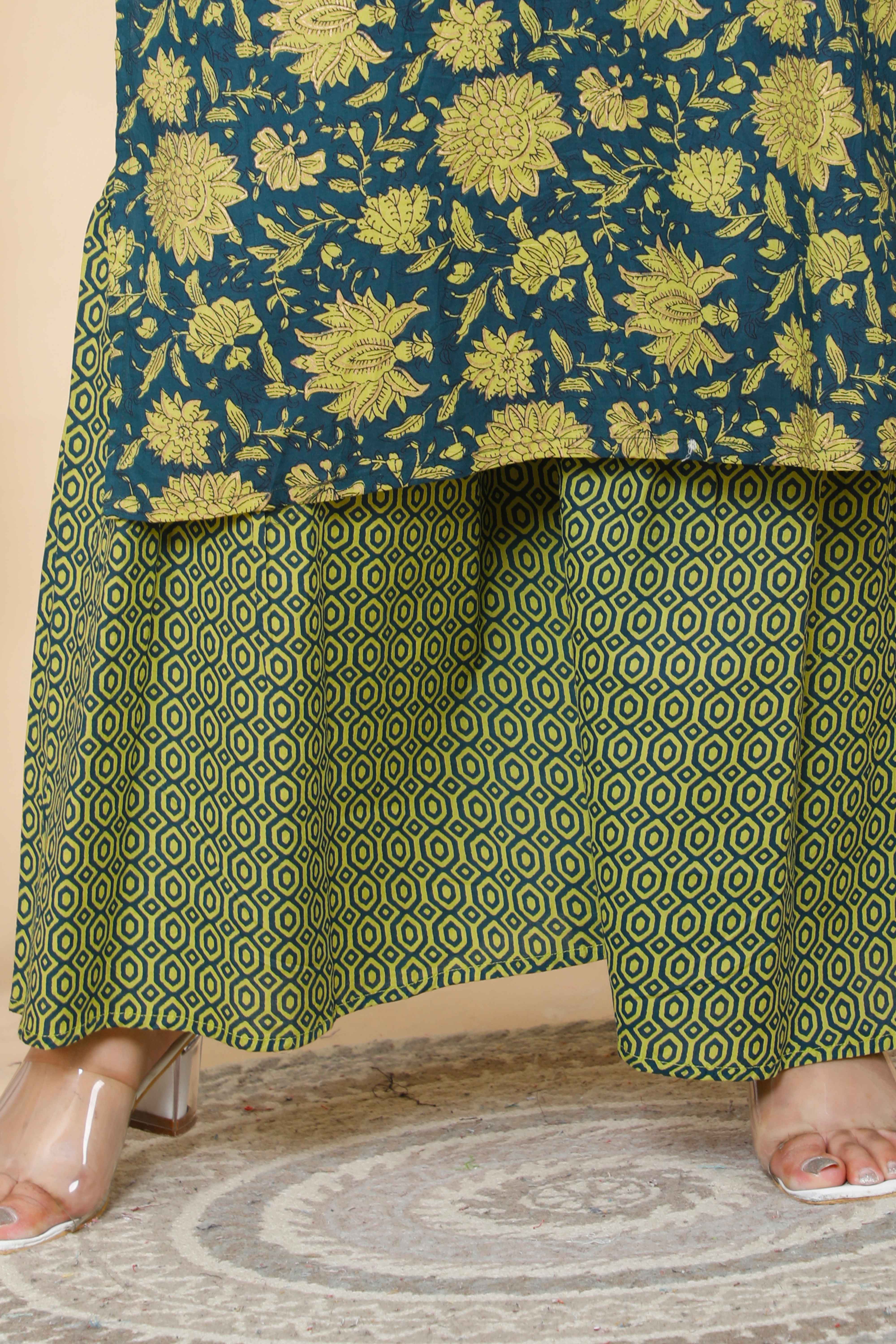 Green Cotton Floral Printed Kurta with Sharara and Dupatta Set