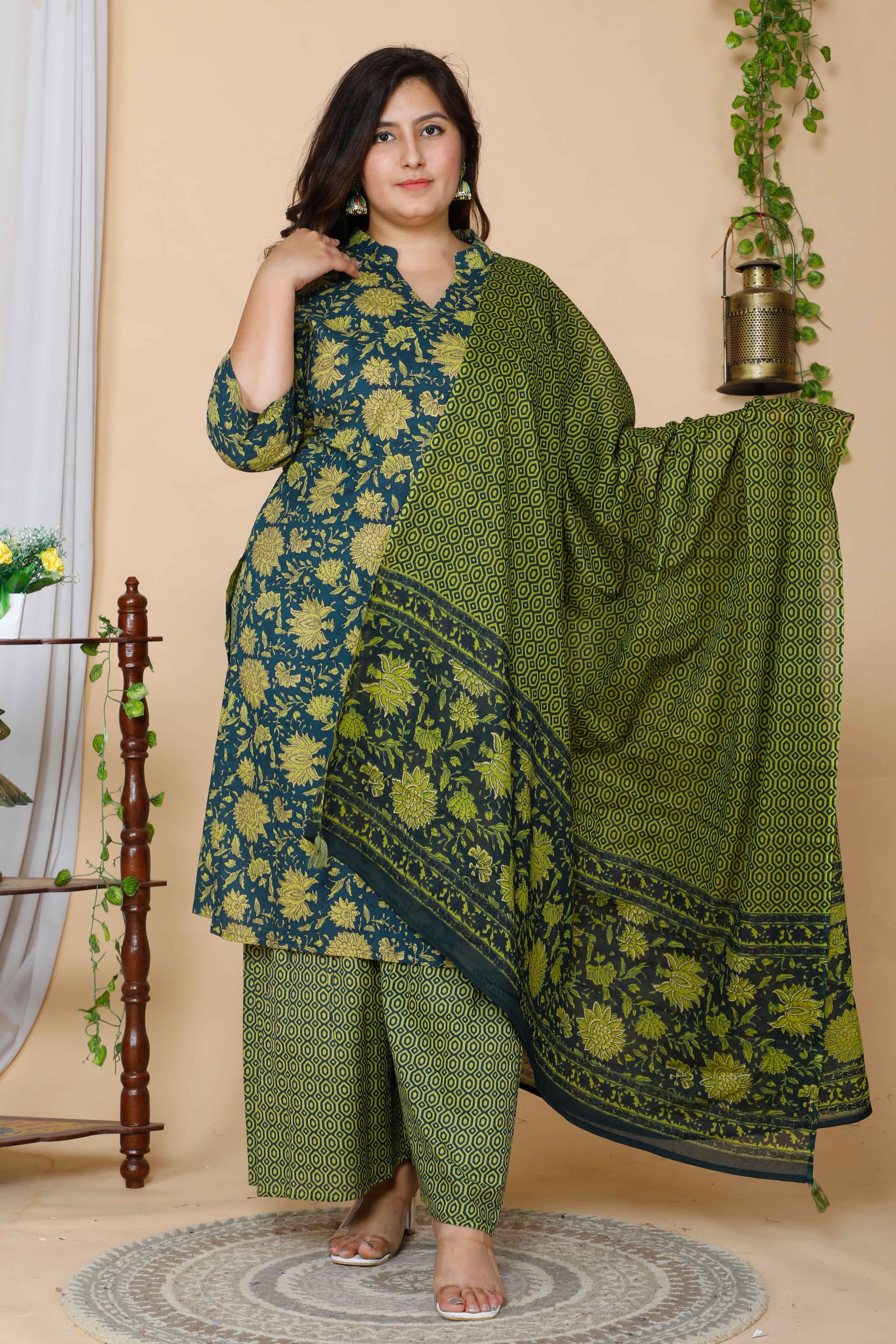 Green Cotton Floral Printed Kurta with Sharara and Dupatta Set