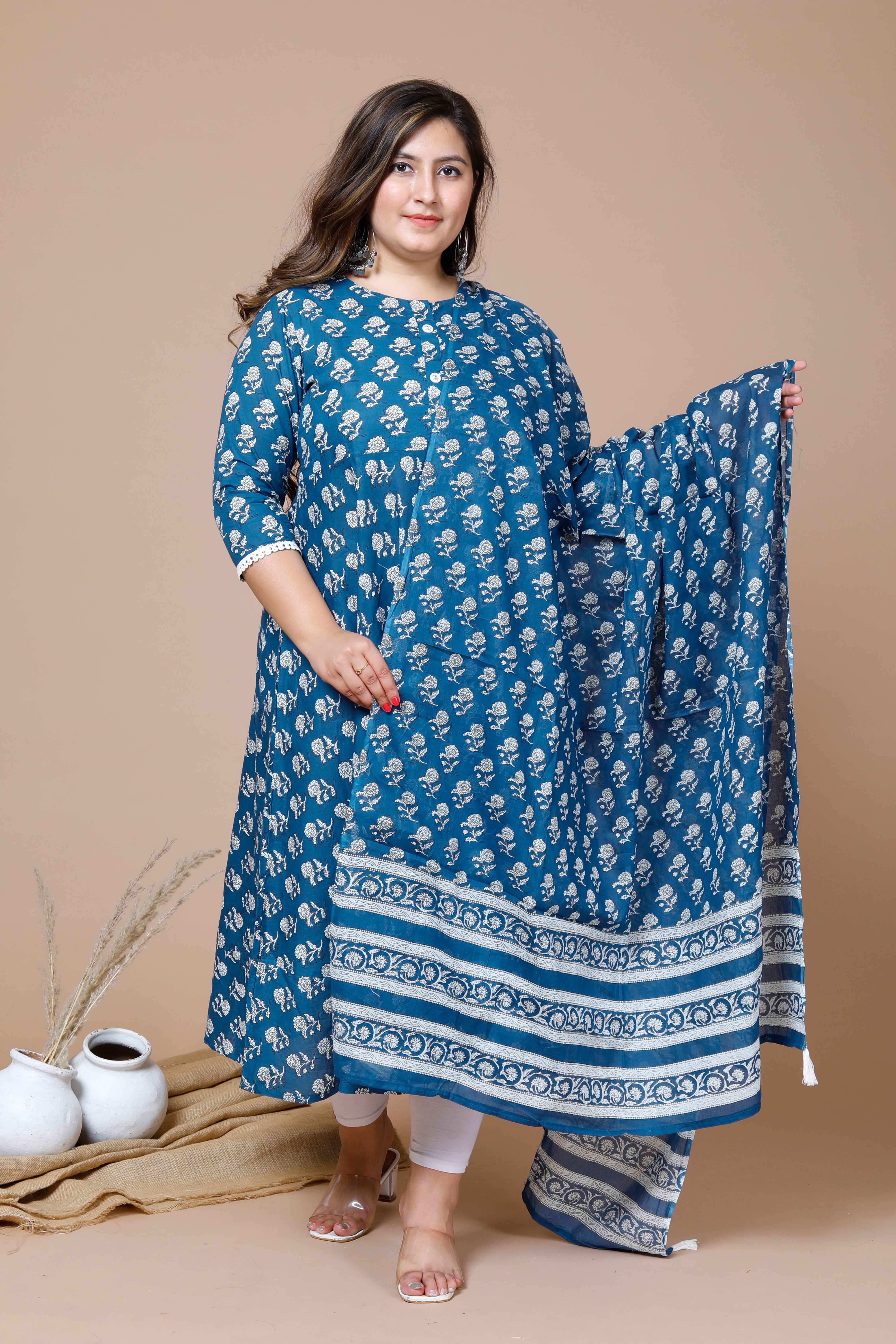 Blue Floral Printed Cotton Anarkali Kurta with Dupatta