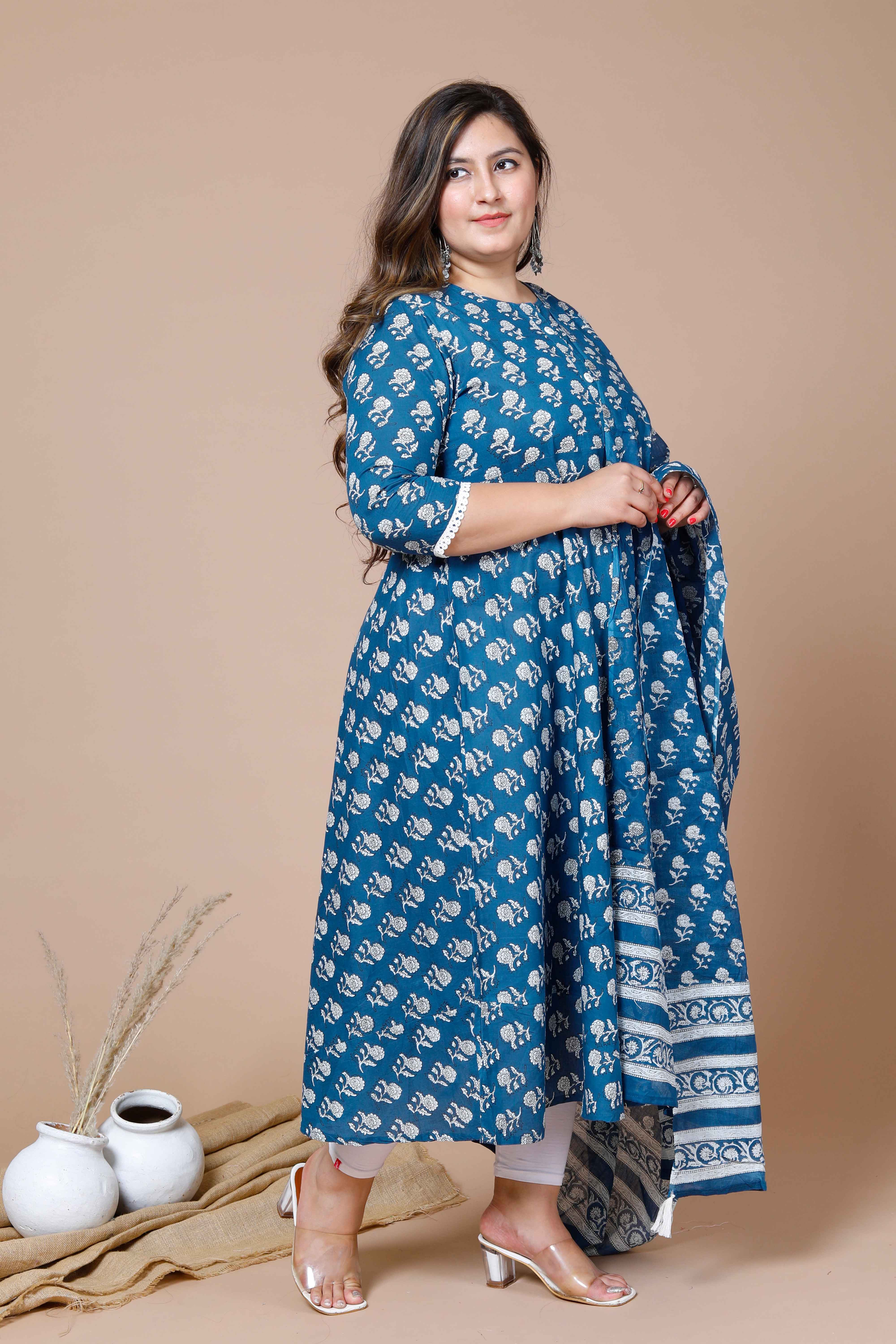 Blue Floral Printed Cotton Anarkali Kurta with Dupatta