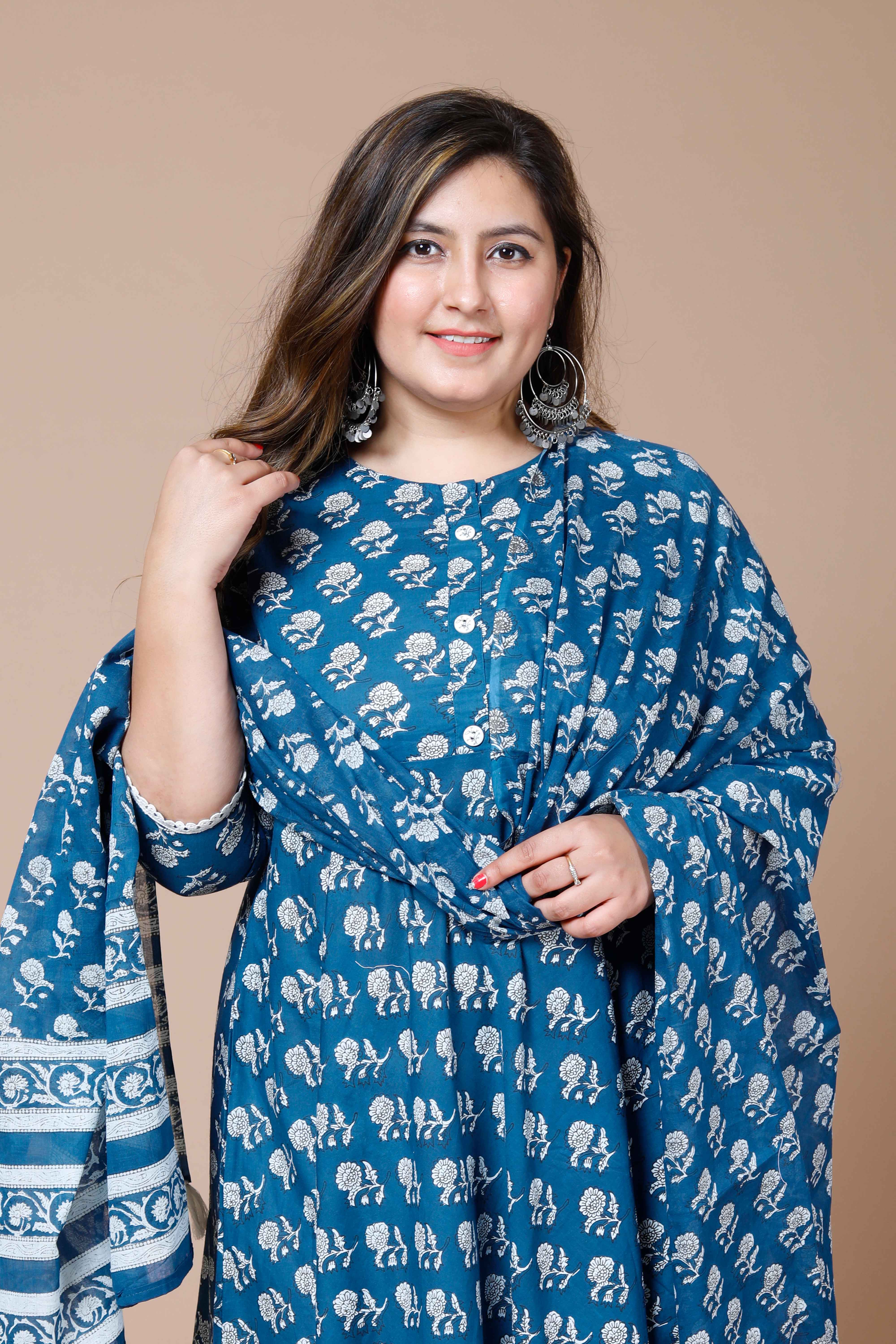 Blue Floral Printed Cotton Anarkali Kurta with Dupatta