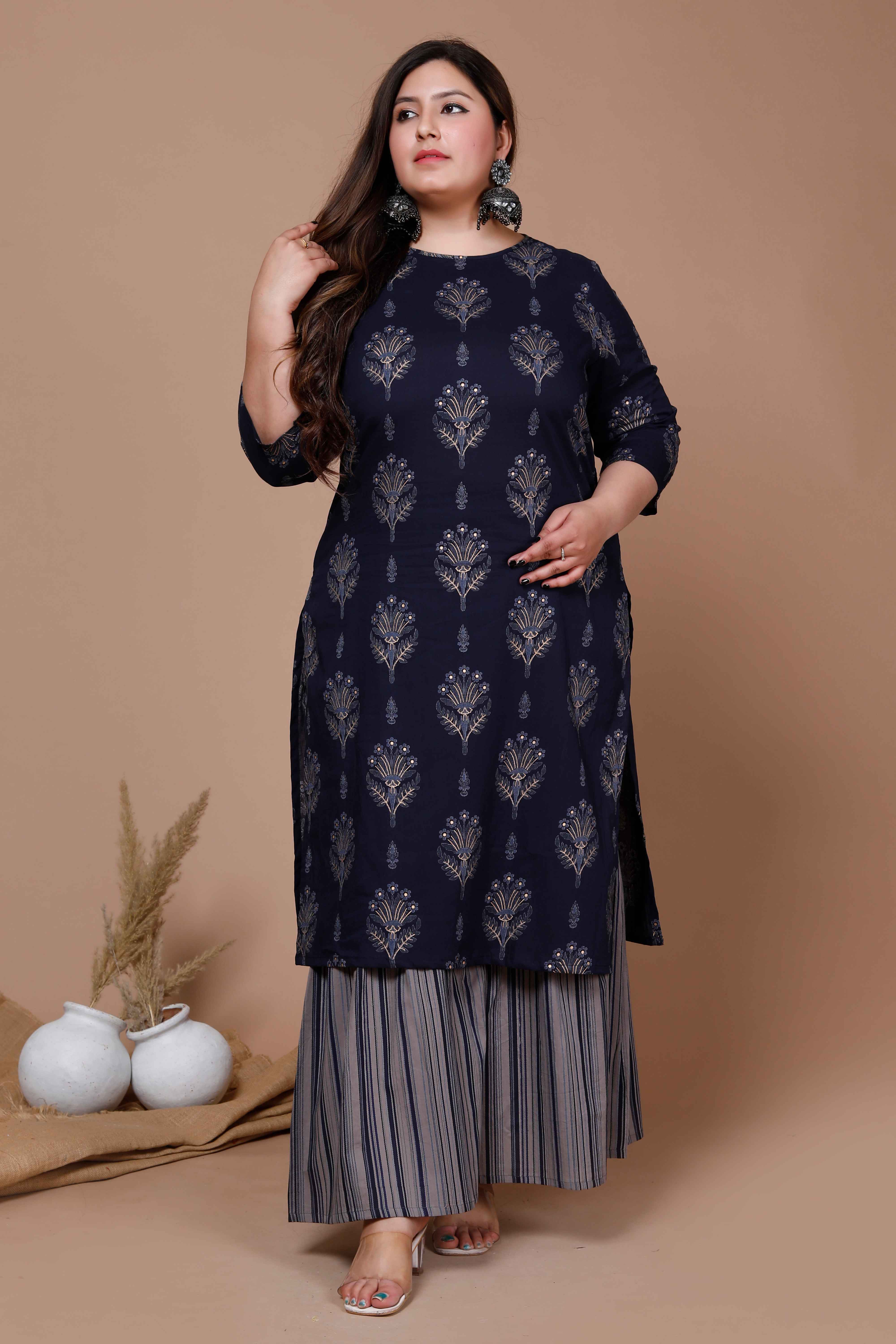 Blue Floral Printed Cotton Kurta with Grey Sharara Set