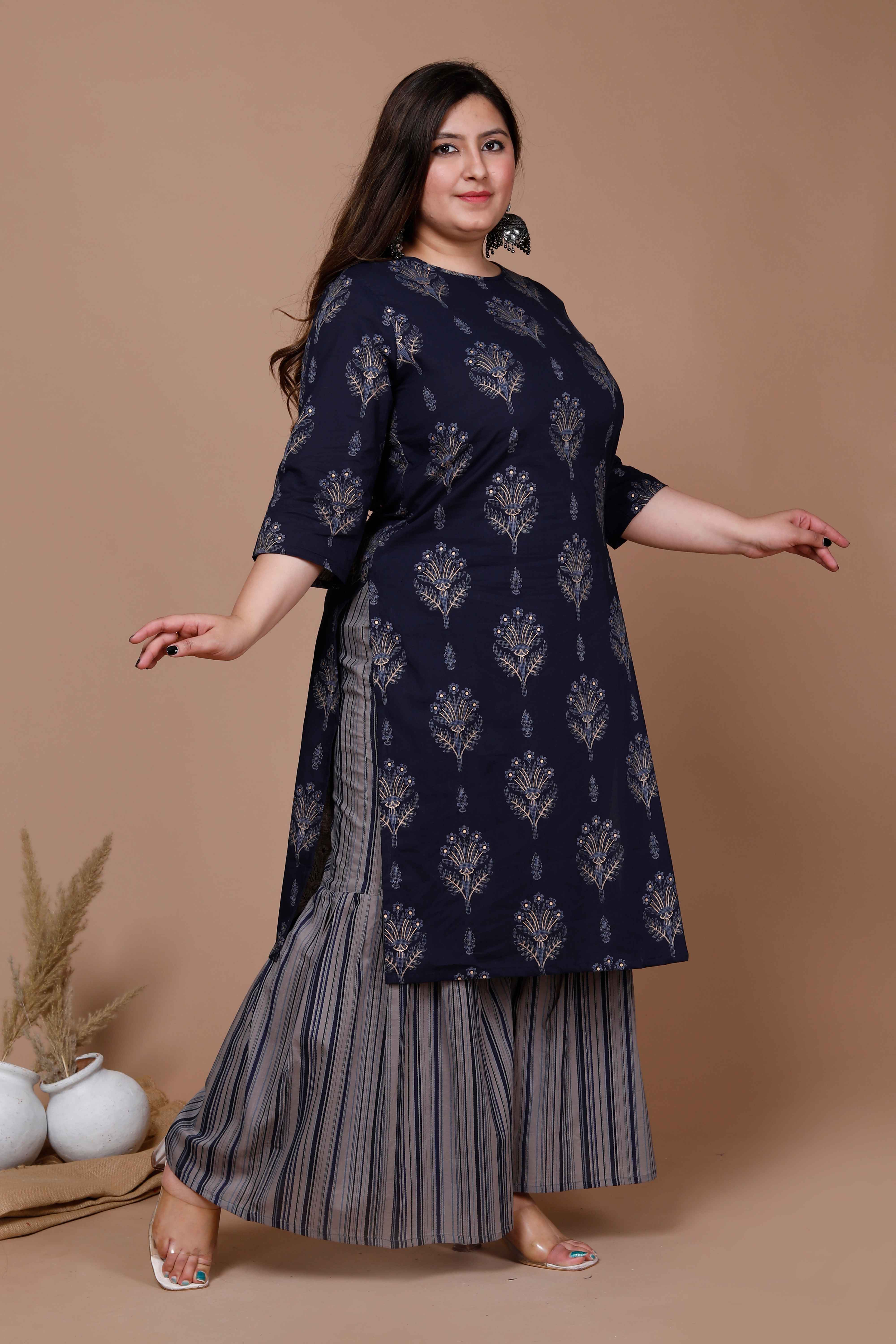 Blue Floral Printed Cotton Kurta with Grey Sharara Set
