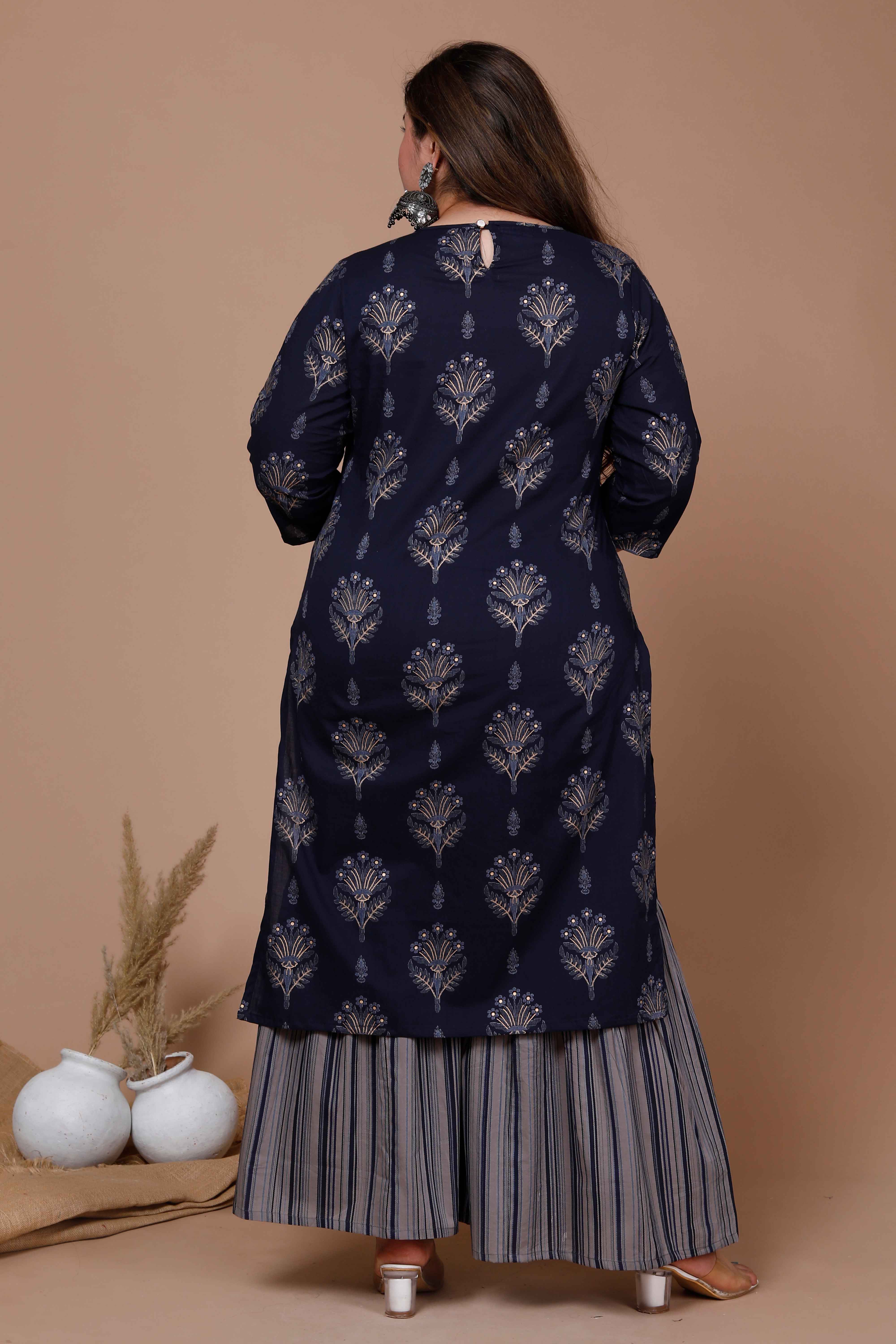 Blue Floral Printed Cotton Kurta with Grey Sharara Set