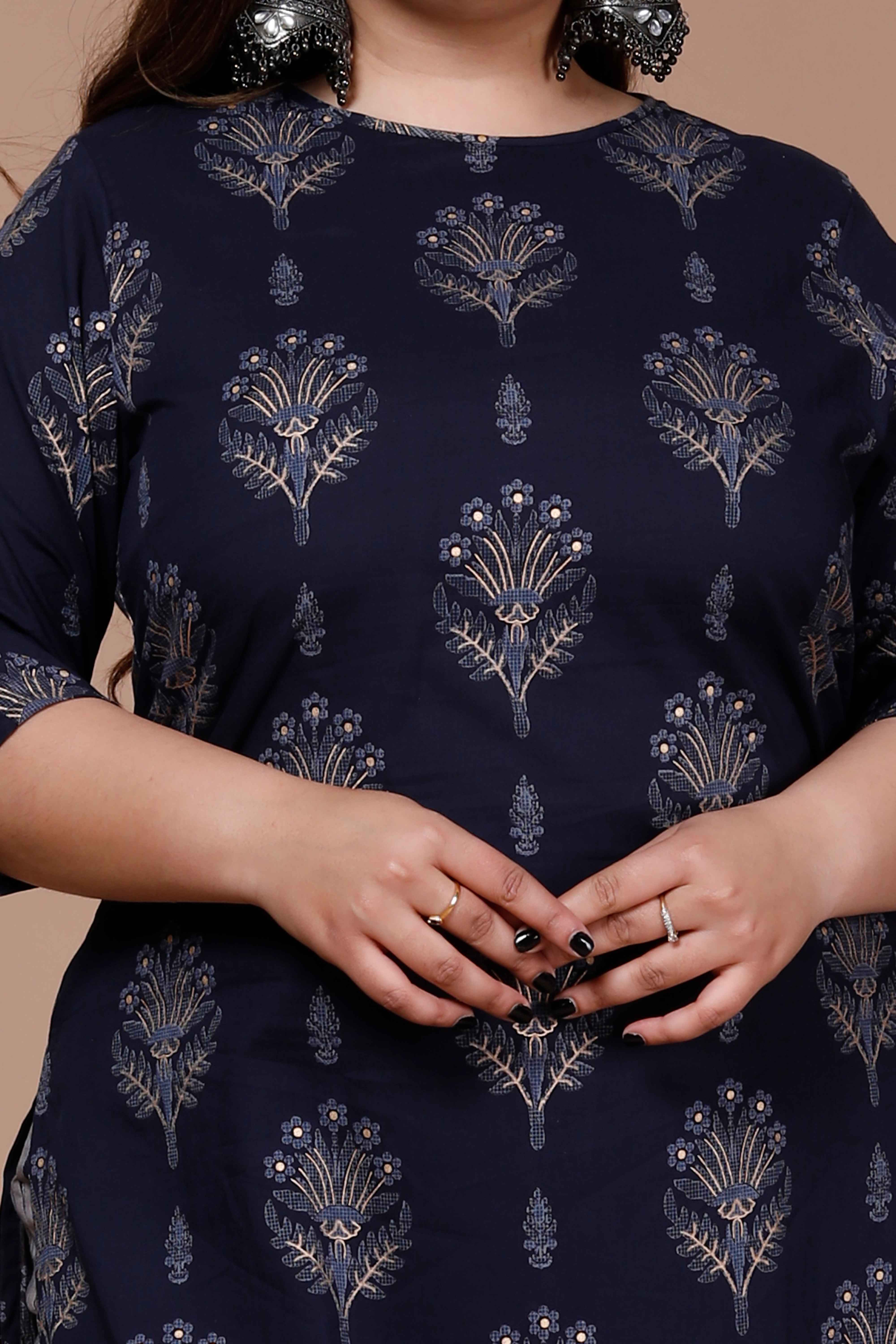 Blue Floral Printed Cotton Kurta with Grey Sharara Set