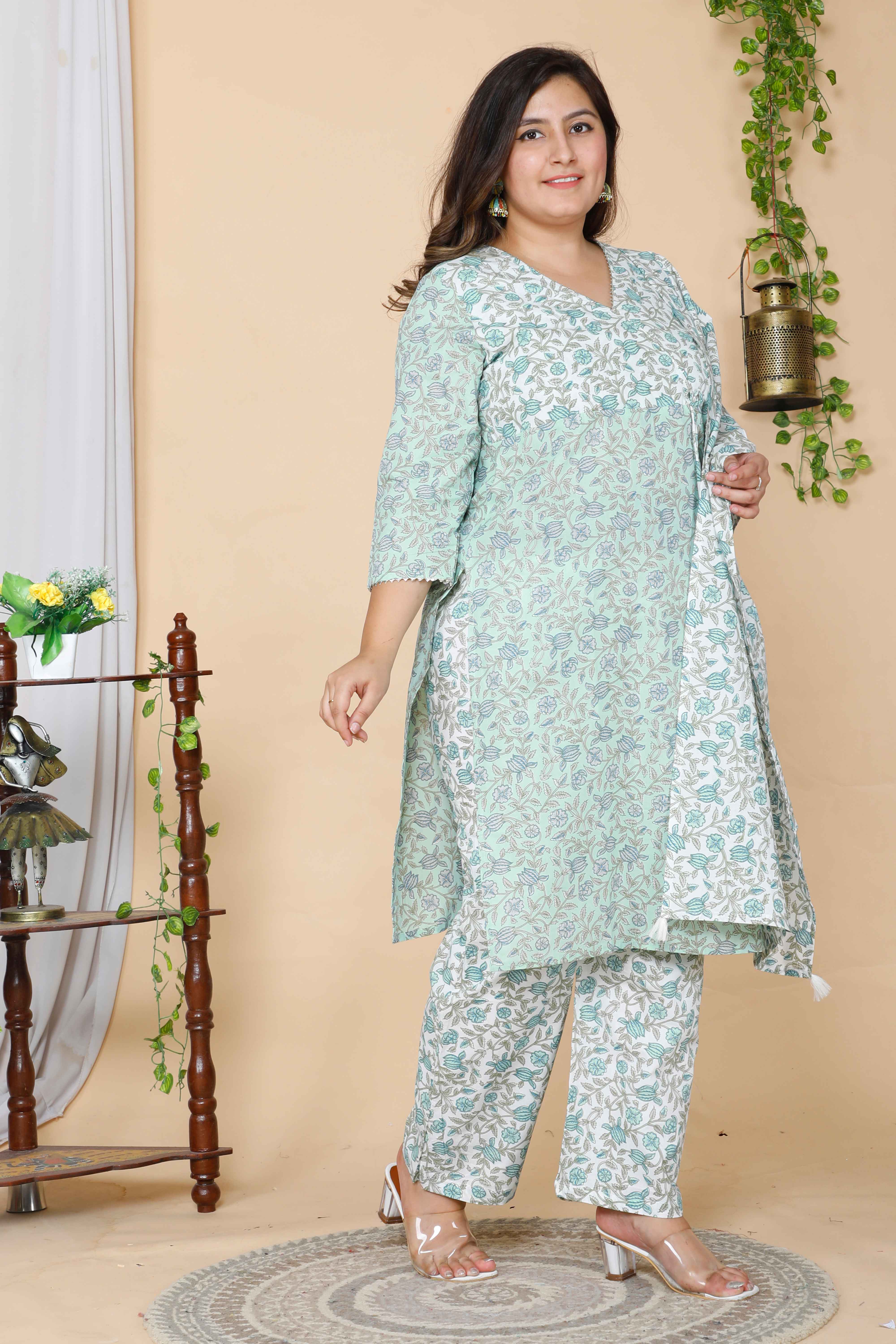 Green Floral Printed Angrakha Kurta with Palazzo and Dupatta Set