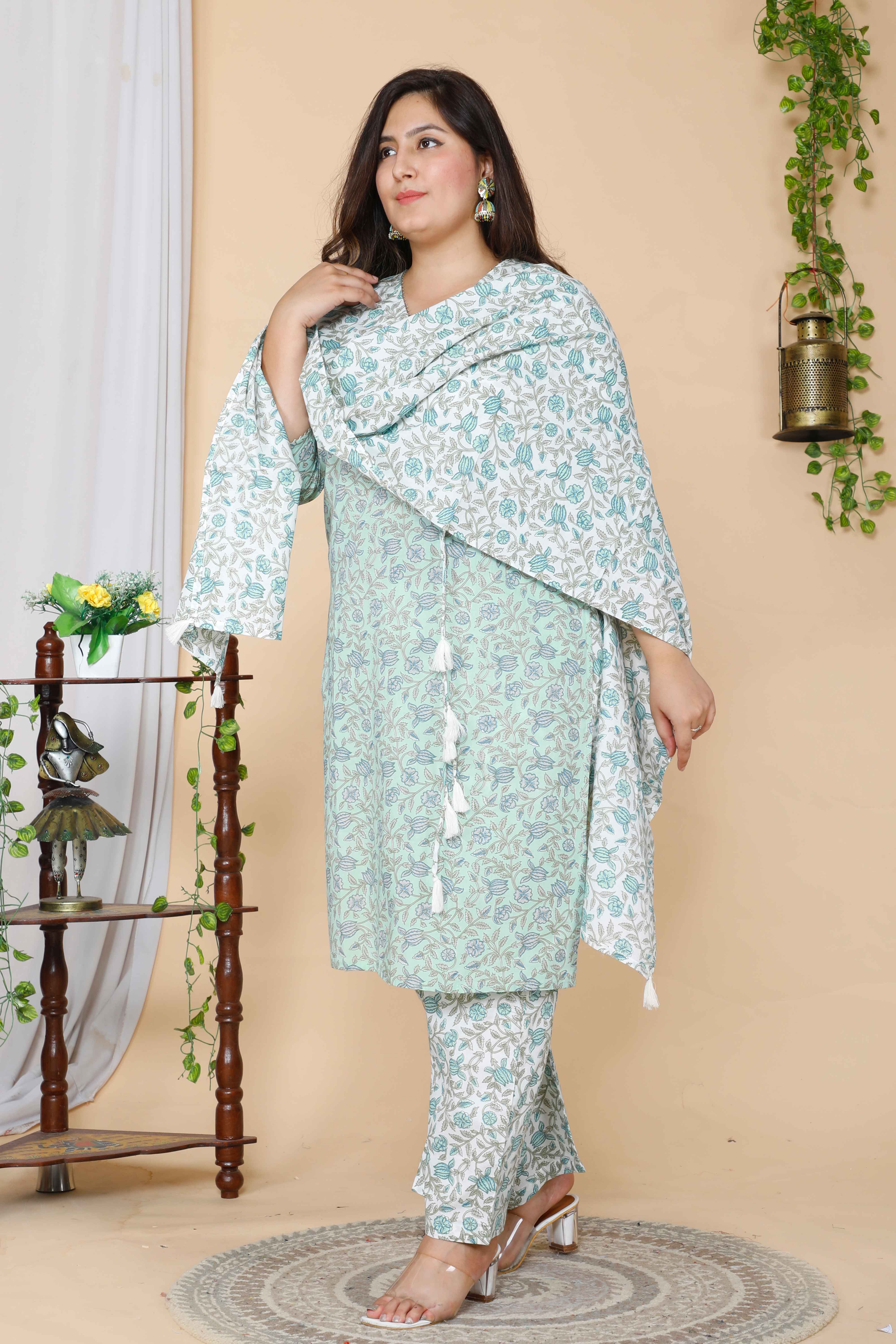 Green Floral Printed Angrakha Kurta with Palazzo and Dupatta Set