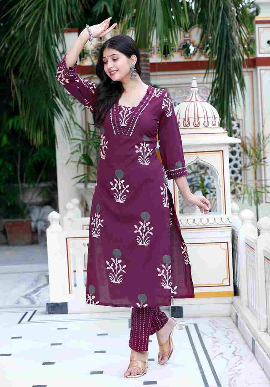 Purple Floral Cotton Kurta with Palazzo Set