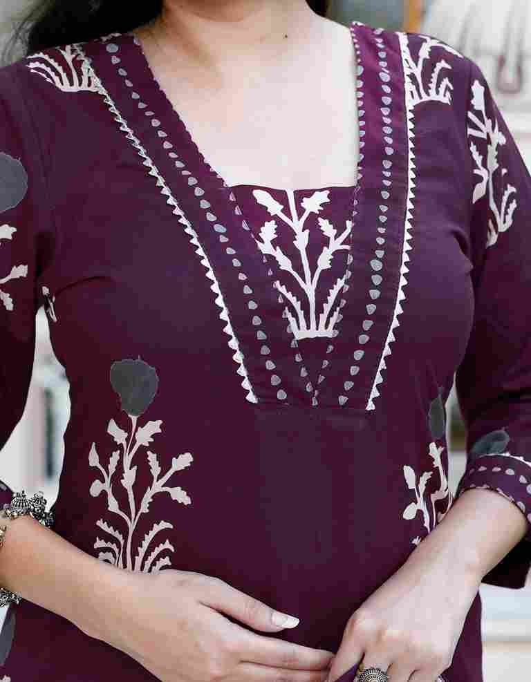 Purple Floral Cotton Kurta with Palazzo Set