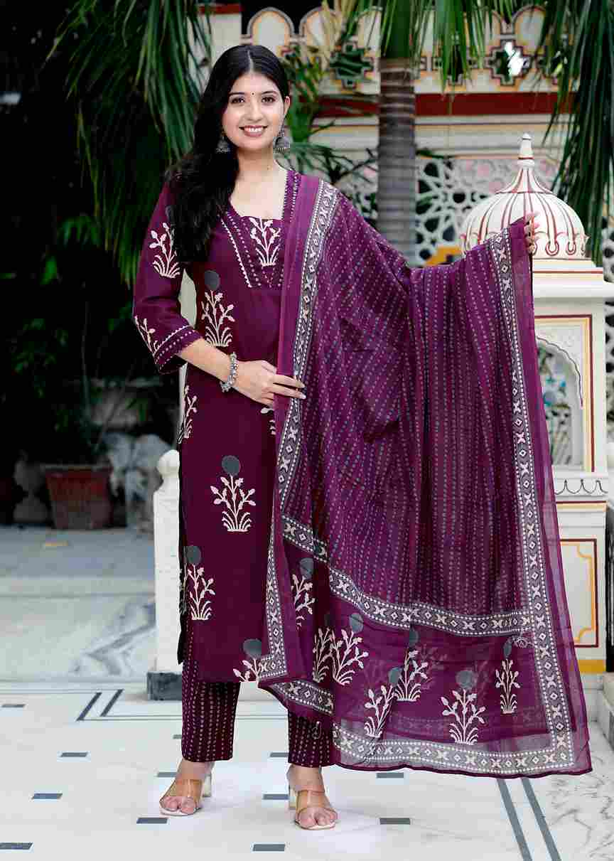 Purple Floral Cotton Kurta with Palazzo & Dupatta Set