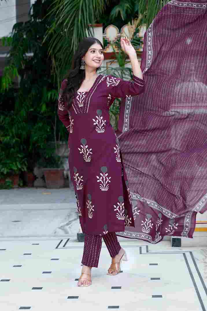 Purple Floral Cotton Kurta with Palazzo & Dupatta Set
