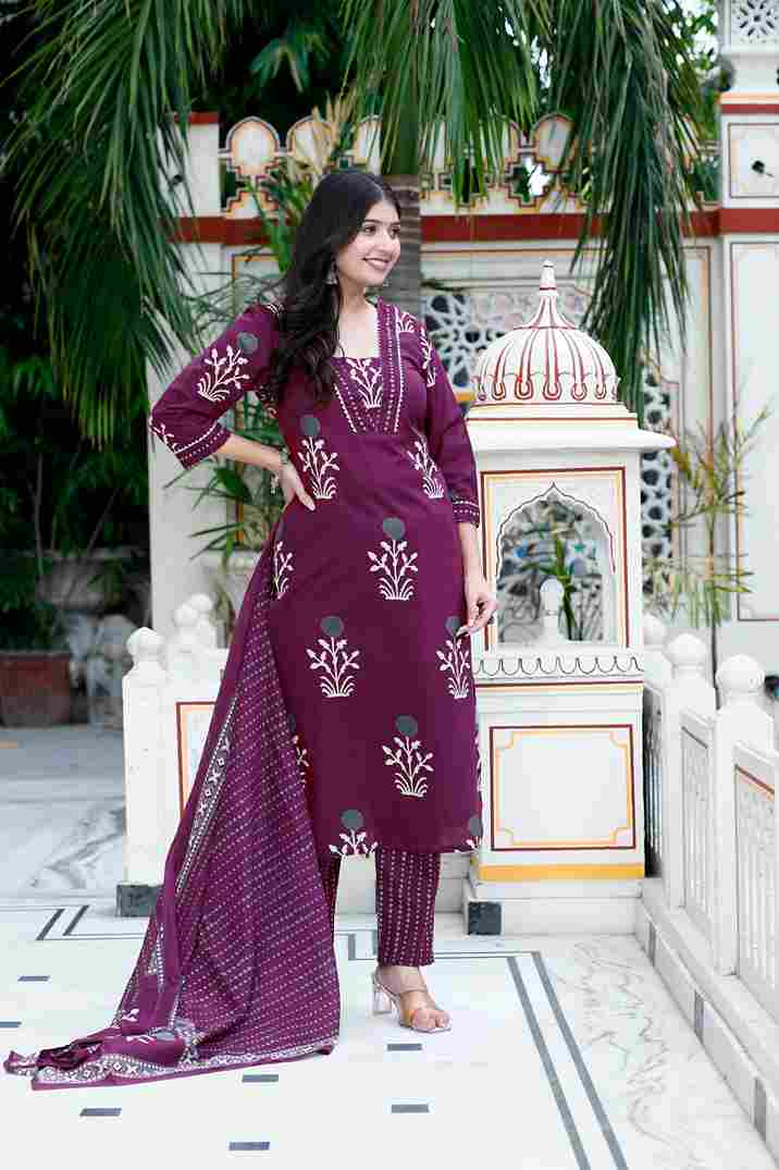 Purple Floral Cotton Kurta with Palazzo & Dupatta Set