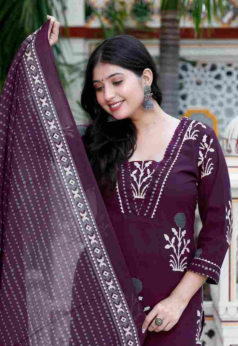 Purple Floral Cotton Kurta with Palazzo & Dupatta Set