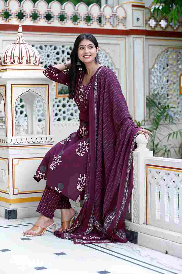Purple Floral Cotton Kurta with Palazzo & Dupatta Set