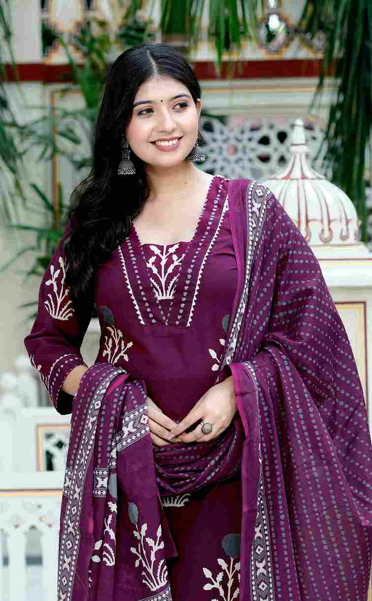 Purple Floral Cotton Kurta with Palazzo & Dupatta Set