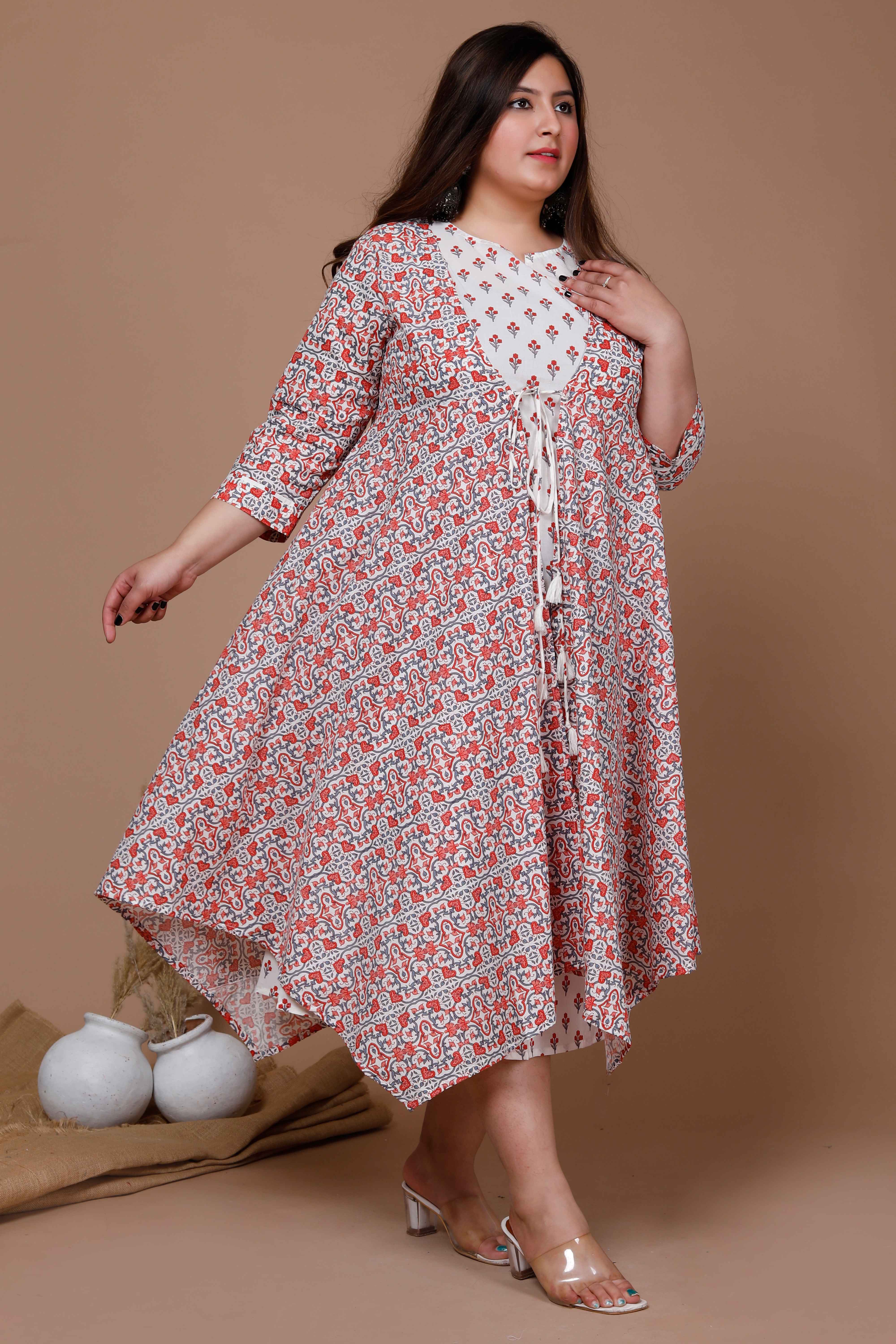 Orange Floral Printed Sleeveless Anarkali Kurta with Printed Jacket