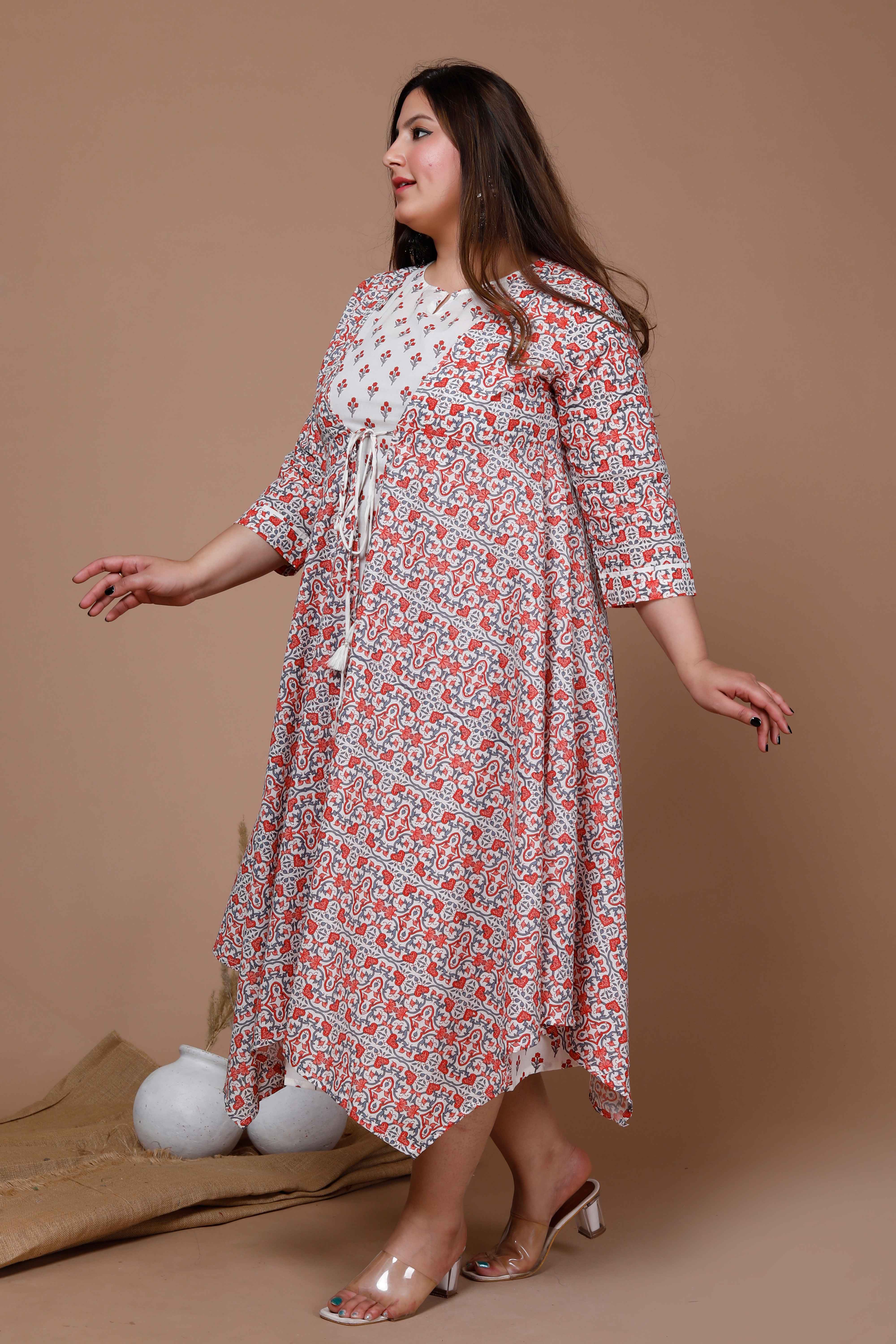 Orange Floral Printed Sleeveless Anarkali Kurta with Printed Jacket