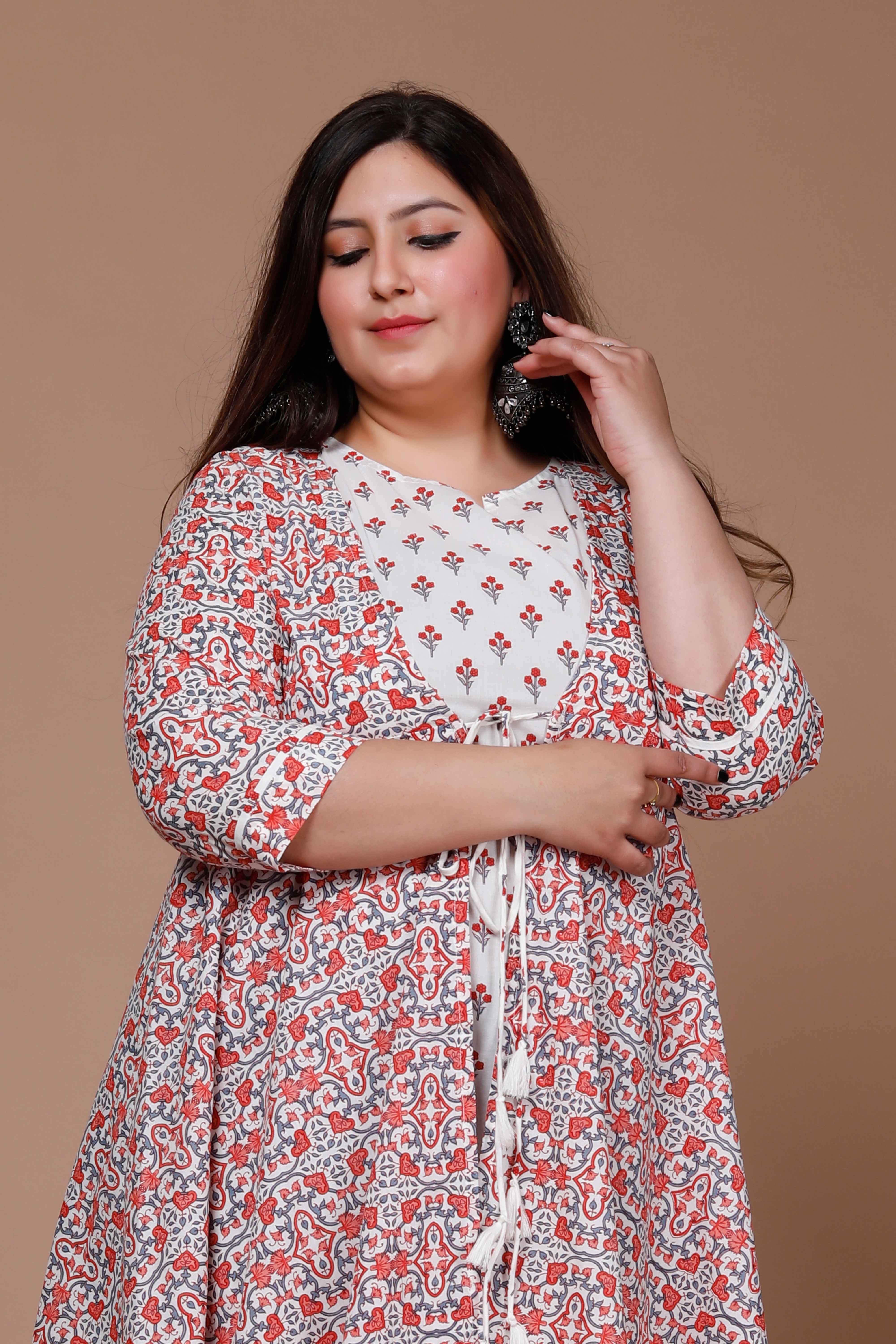 Orange Floral Printed Sleeveless Anarkali Kurta with Printed Jacket