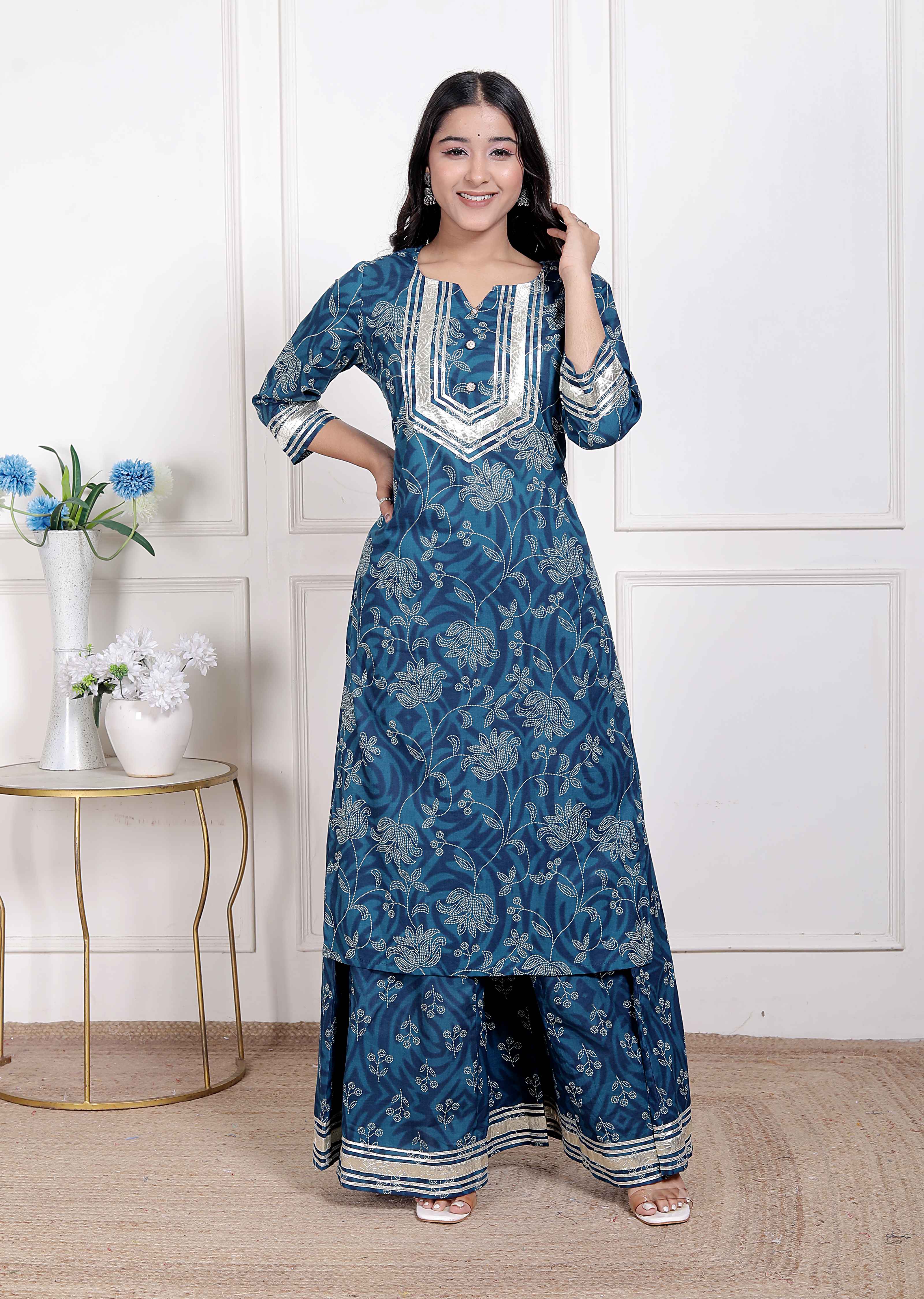 Blue Cotton Floral Printed V-Neck Kurta with Flared Palazzo Set
