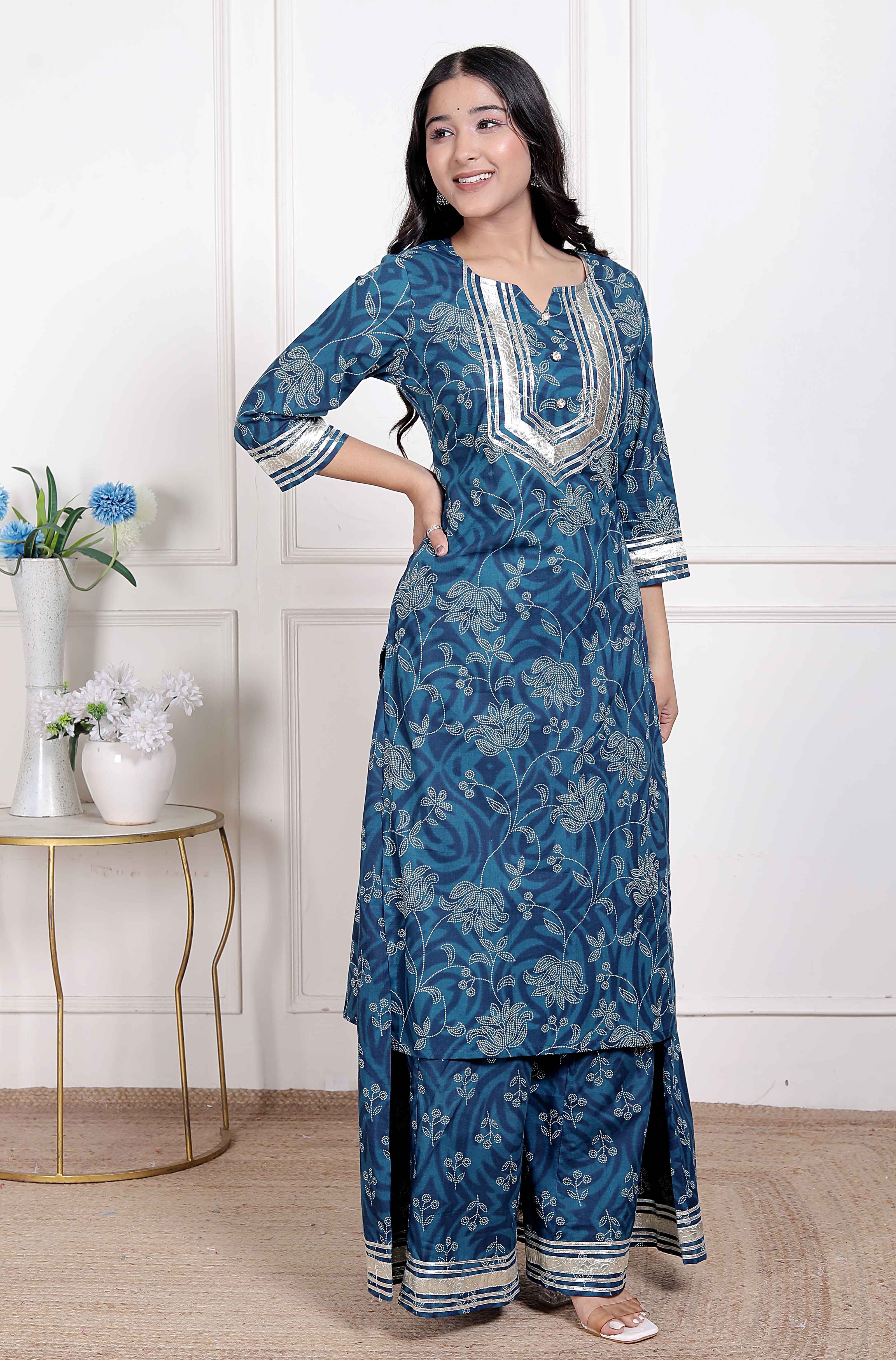 Blue Cotton Floral Printed V-Neck Kurta with Flared Palazzo Set