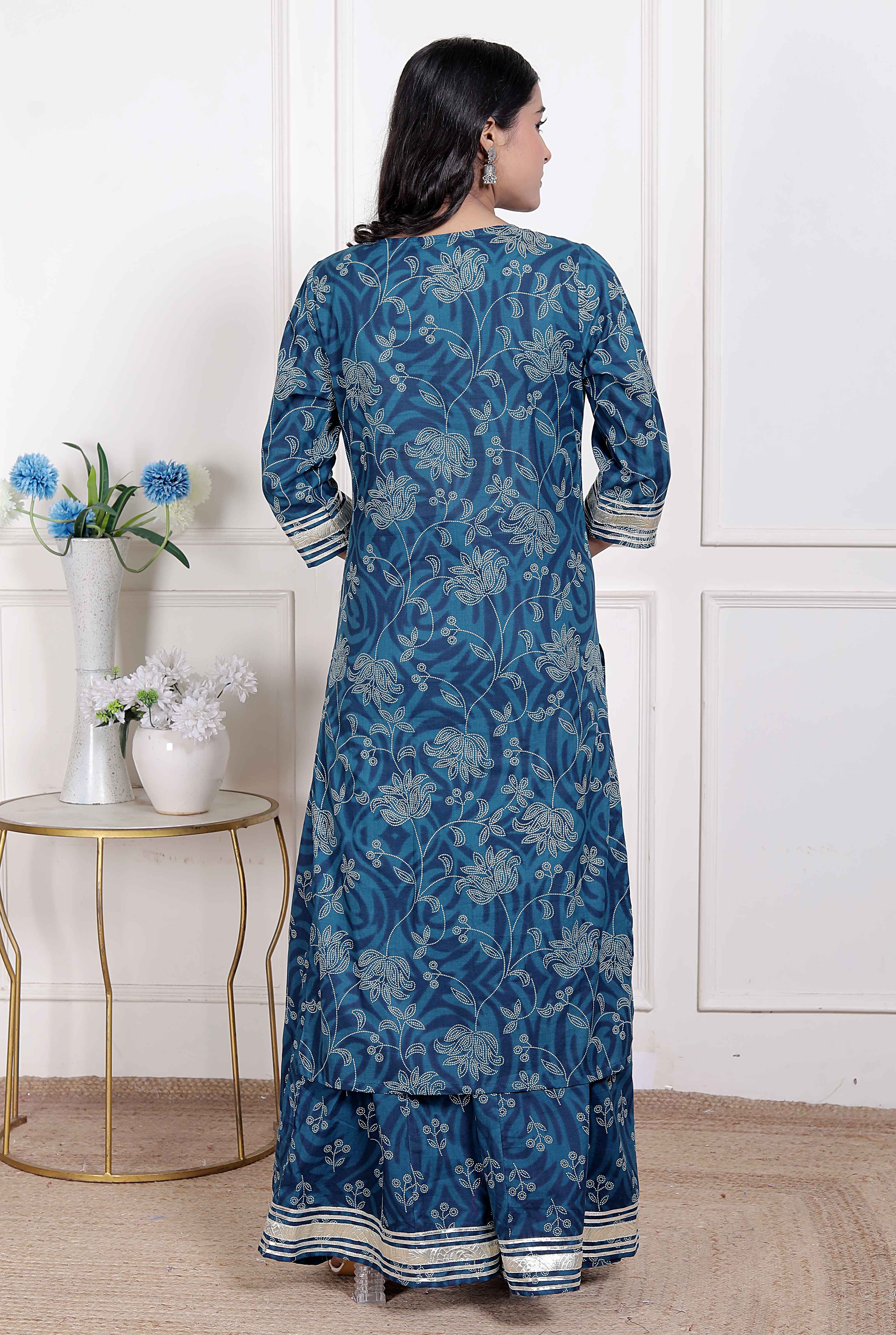 Blue Cotton Floral Printed V-Neck Kurta with Flared Palazzo Set