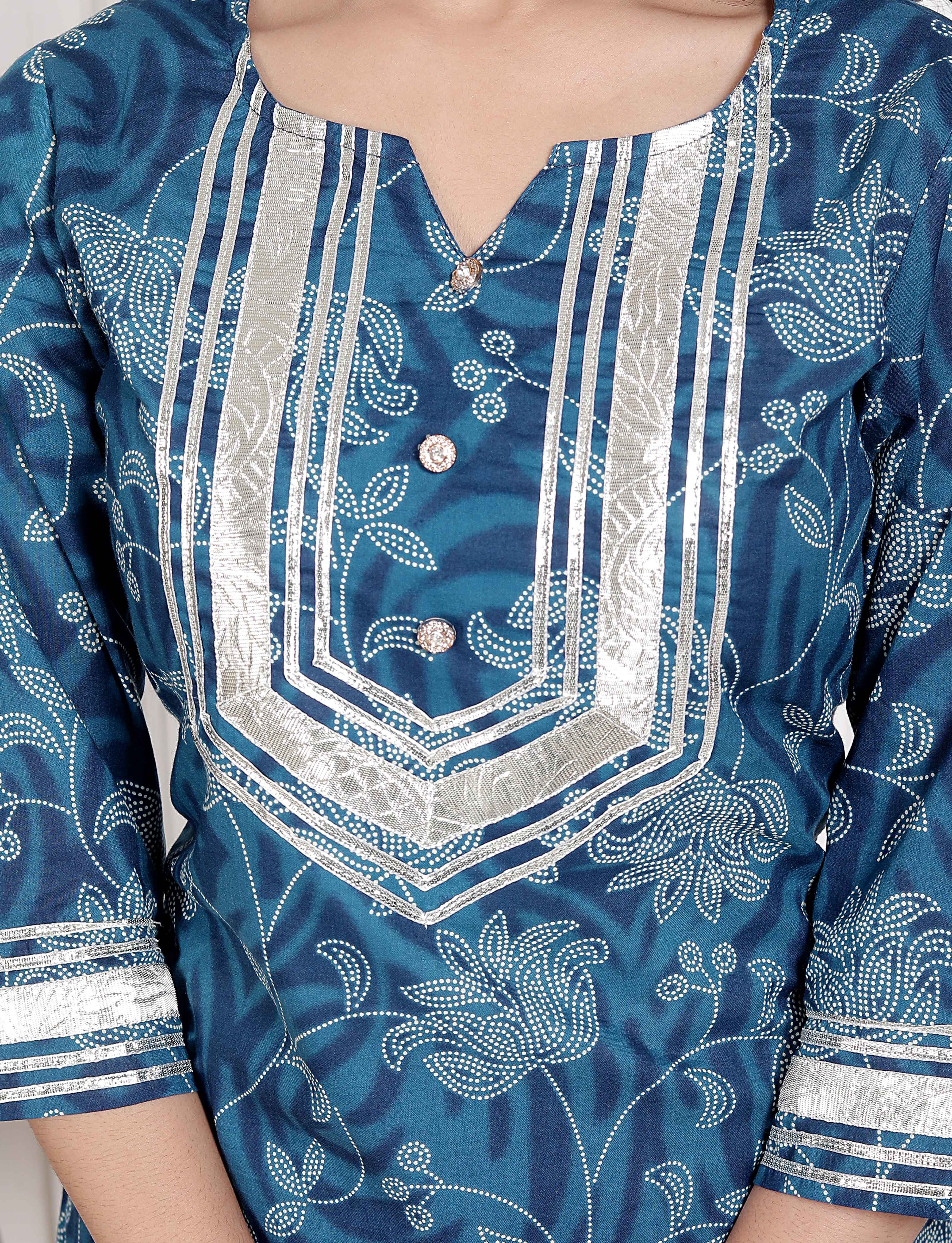 Blue Cotton Floral Printed V-Neck Kurta with Flared Palazzo Set