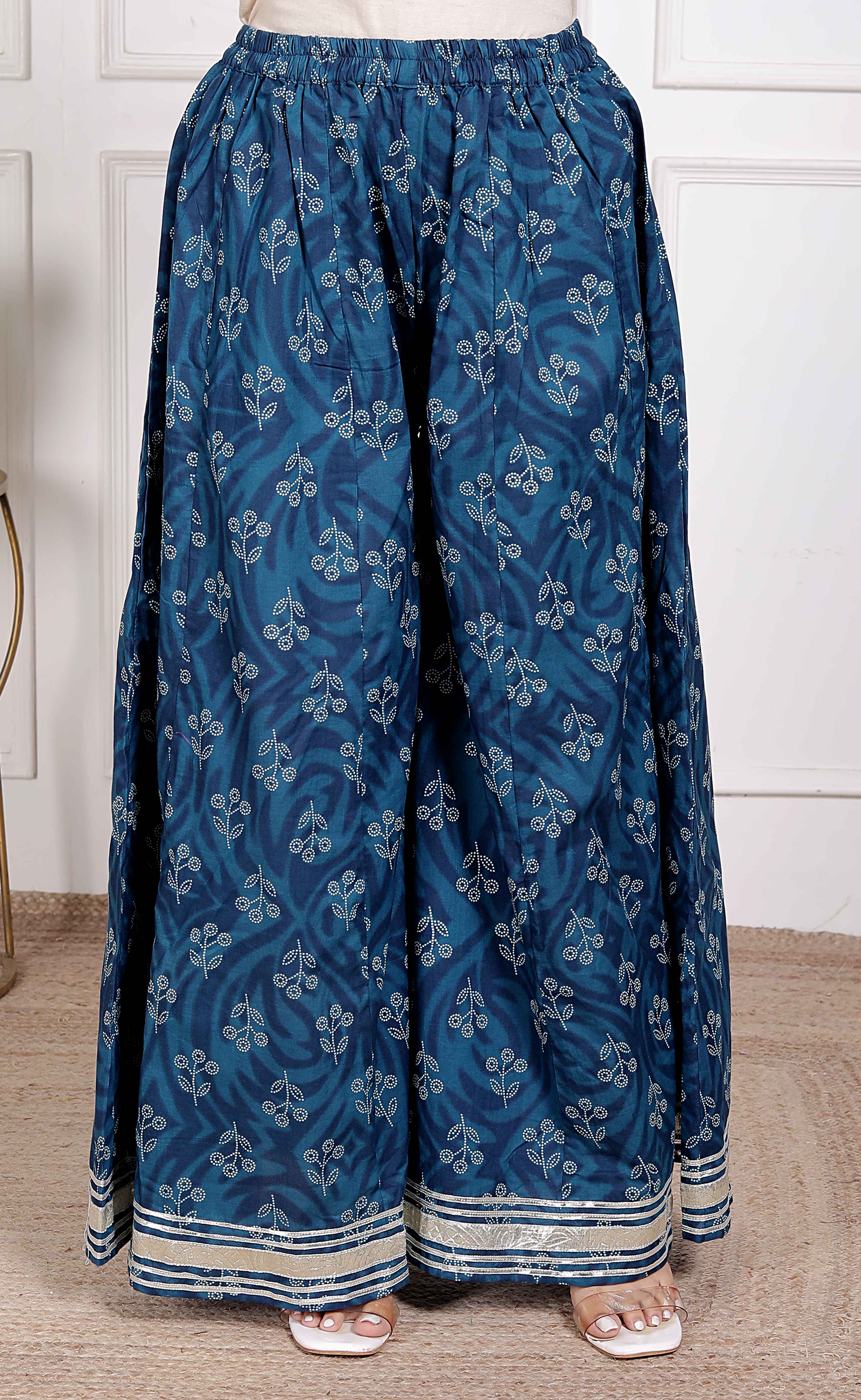 Blue Cotton Floral Printed V-Neck Kurta with Flared Palazzo Set