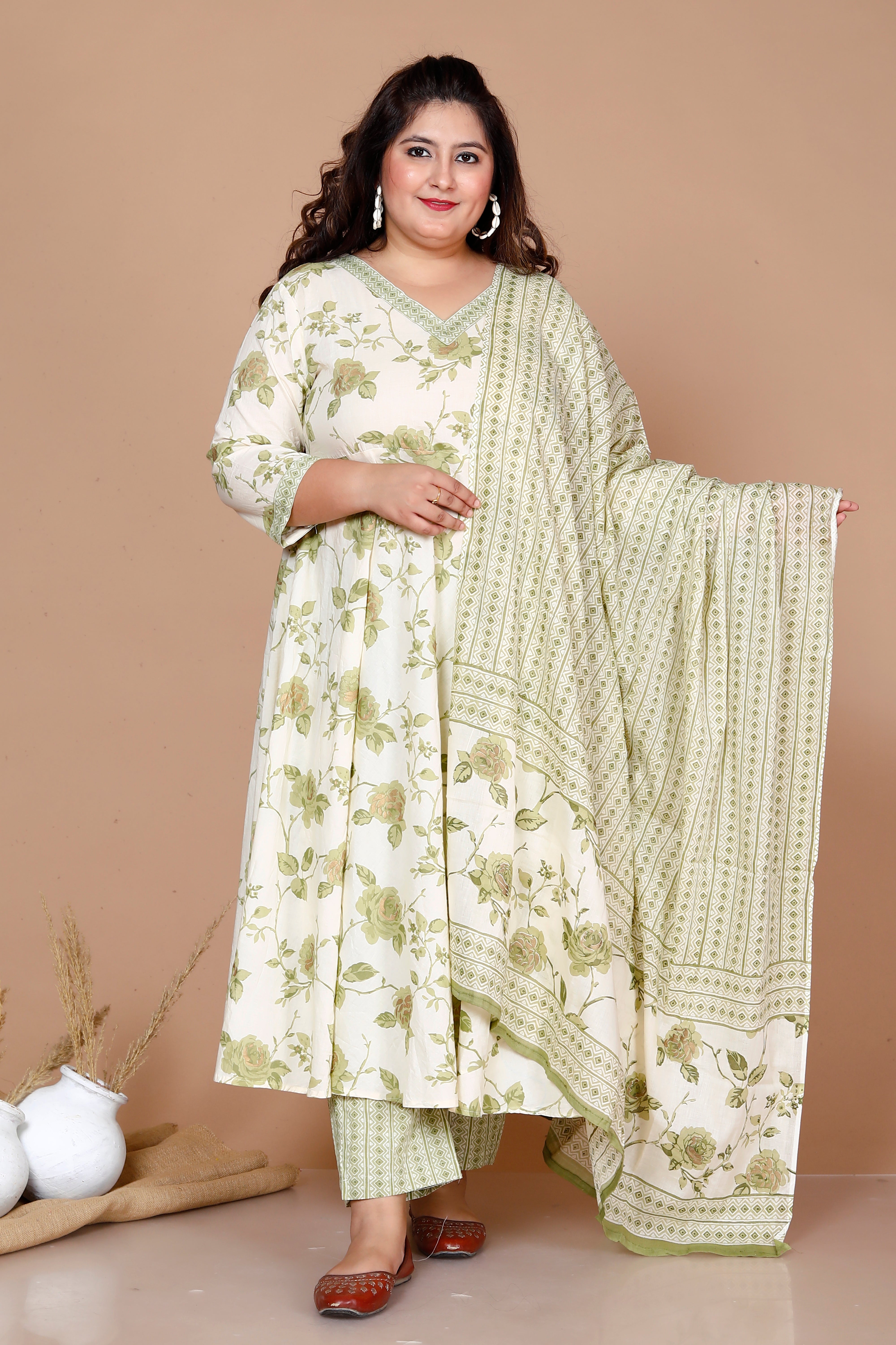 Green Floral Printed Cotton Anarkali Kurta with Palazzo and Dupatta Set