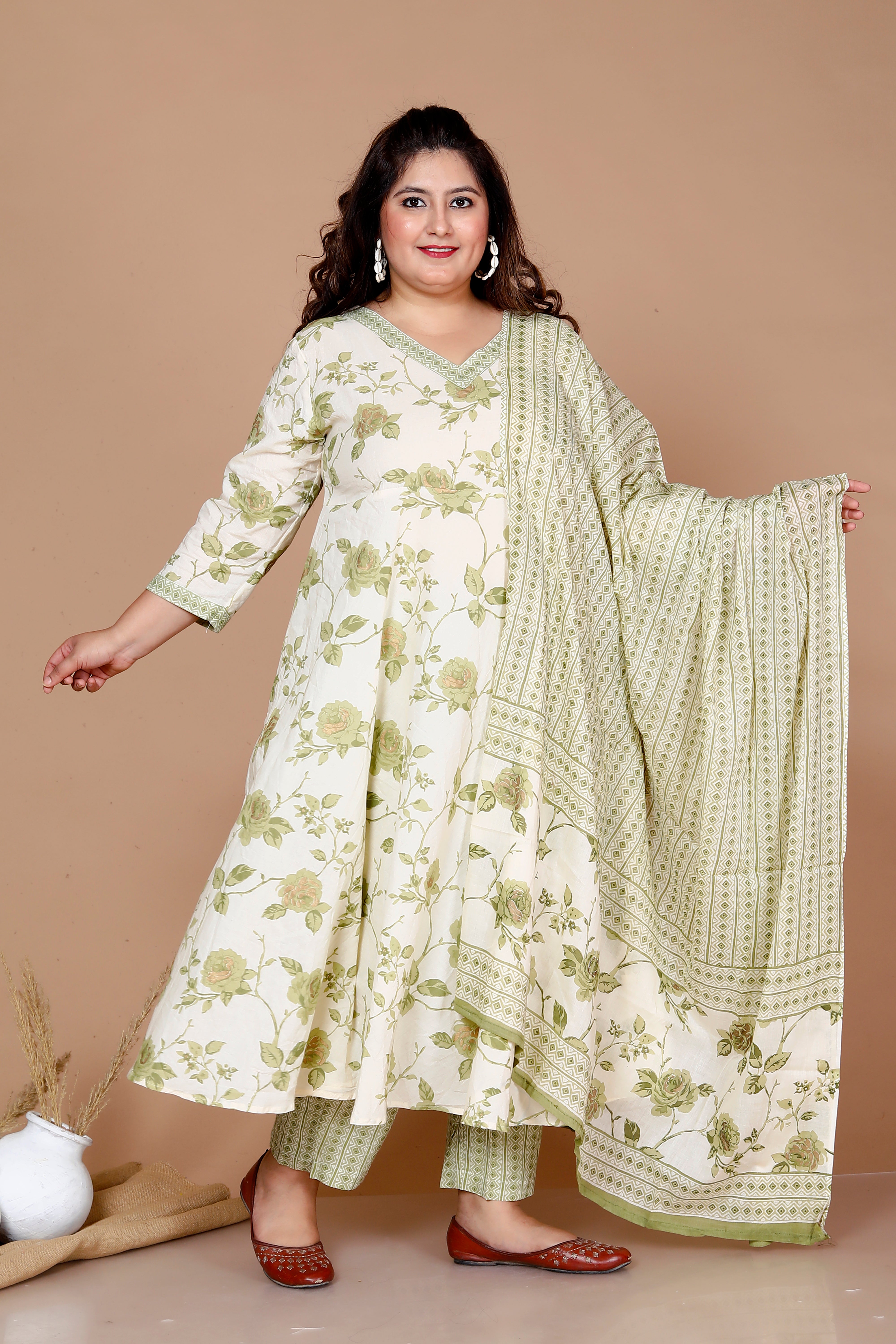 Green Floral Printed Cotton Anarkali Kurta with Palazzo and Dupatta Set