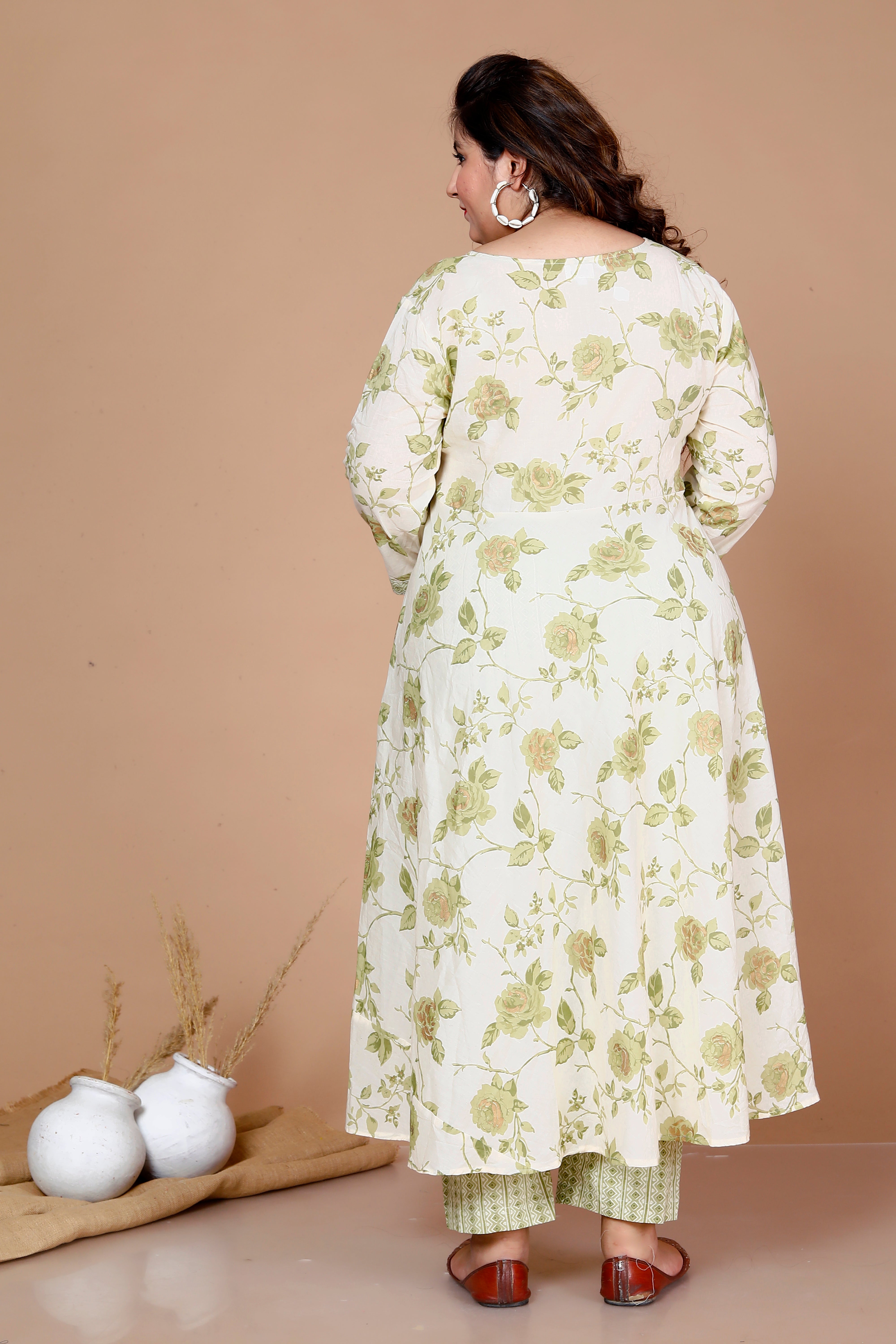 Green Floral Printed Cotton Anarkali Kurta with Palazzo and Dupatta Set