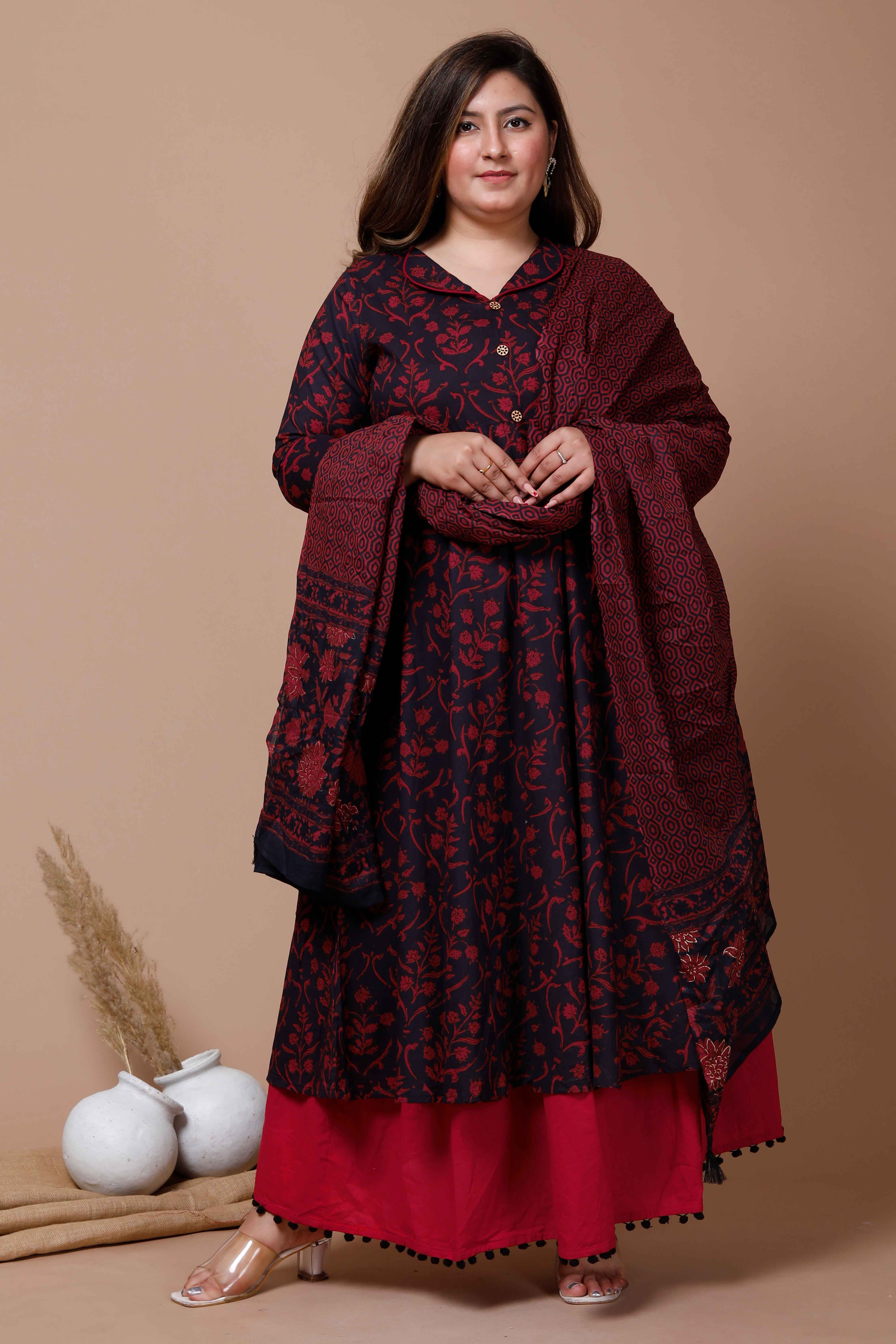 Maroon Floral Printed Cotton Anarkali Kurta with Dupatta