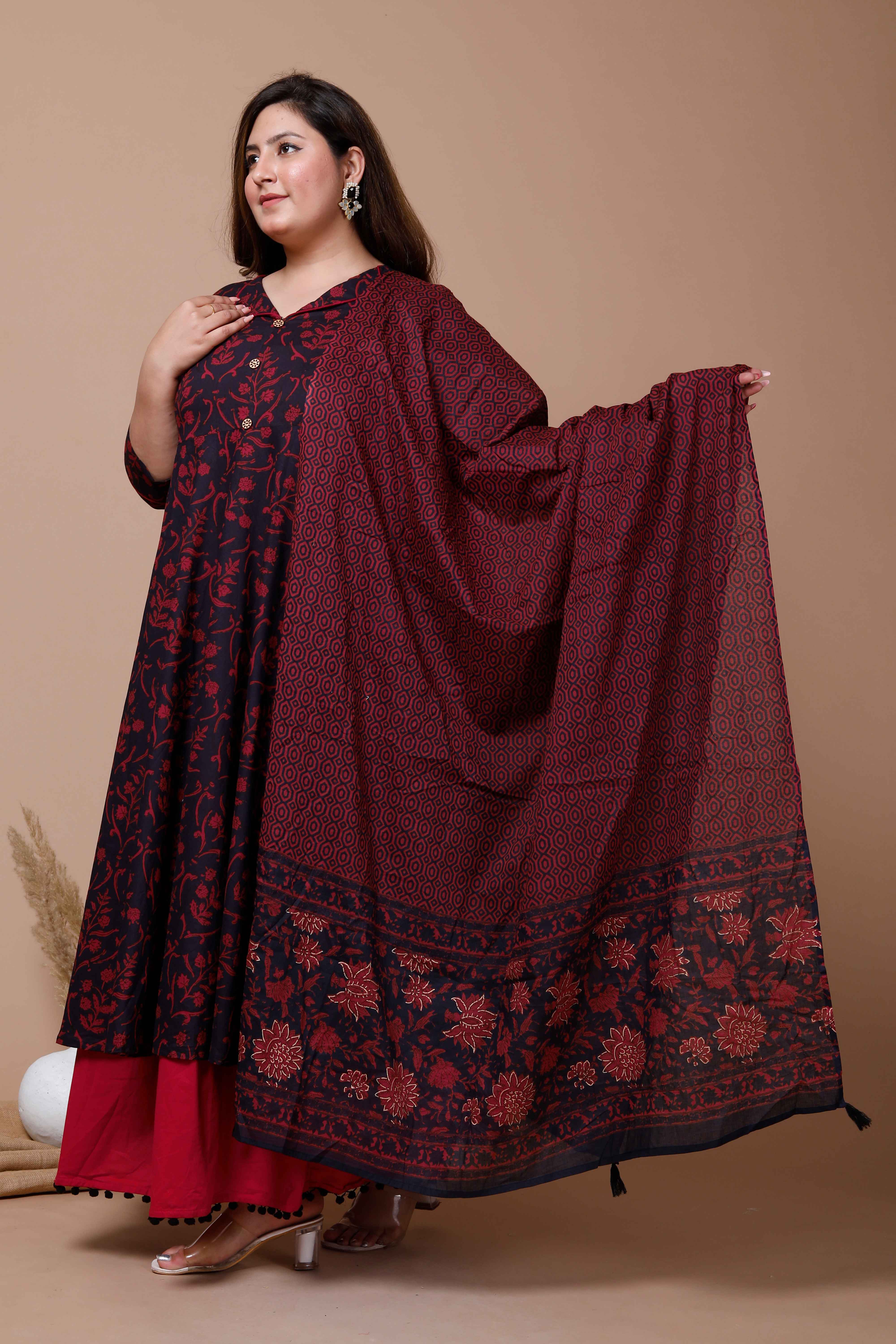 Maroon Floral Printed Cotton Anarkali Kurta with Dupatta