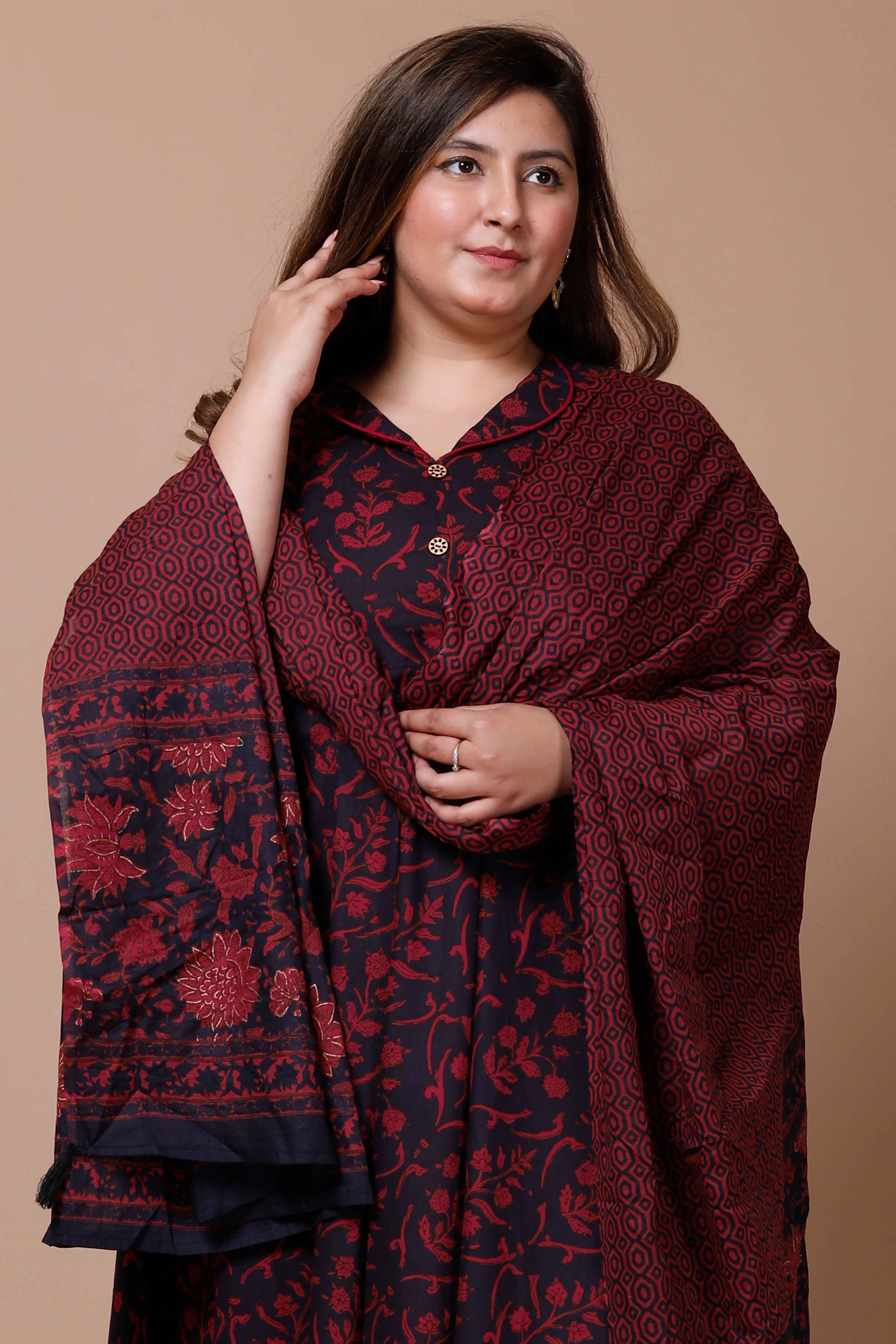 Maroon Floral Printed Cotton Anarkali Kurta with Dupatta