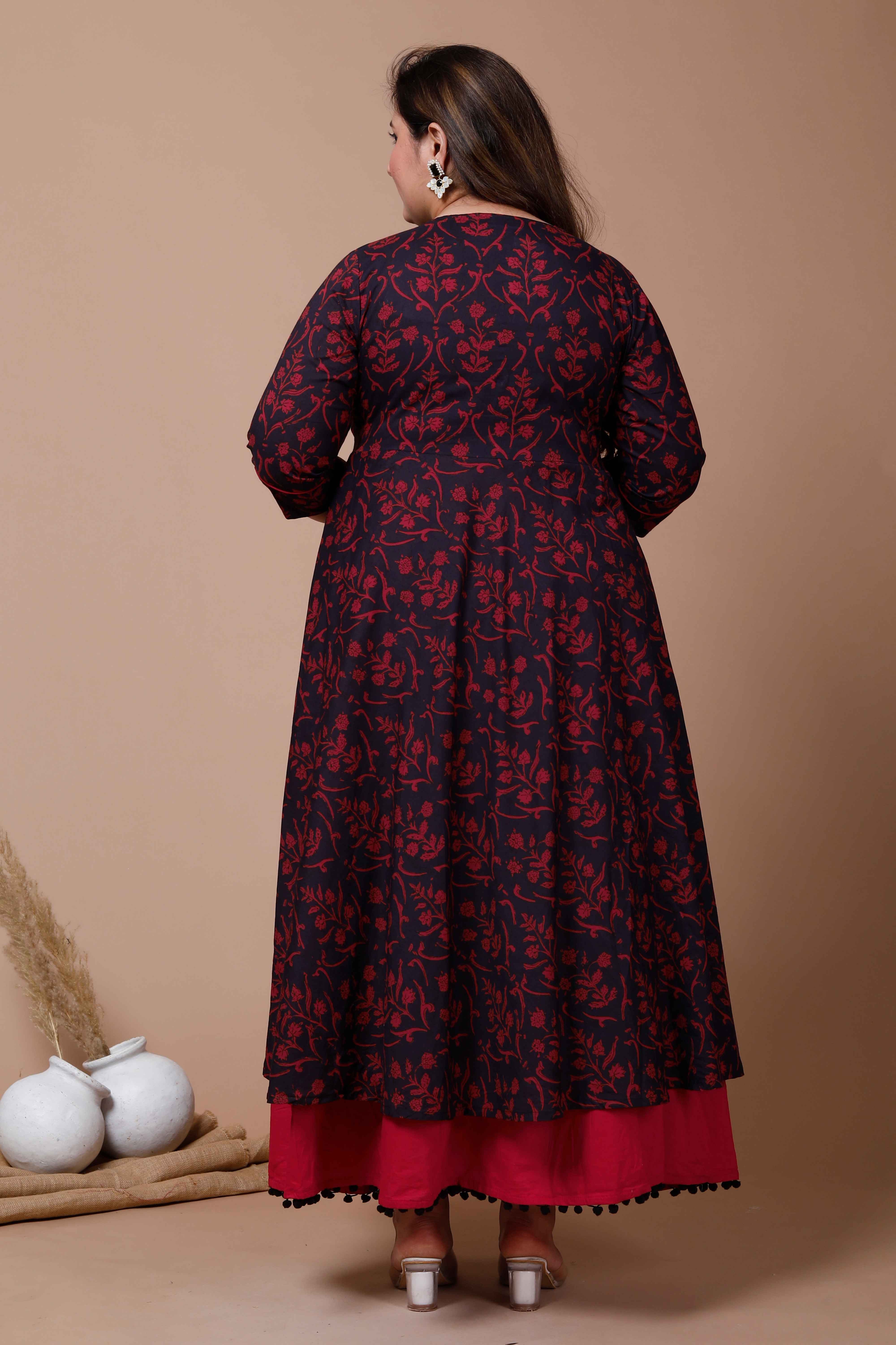 Maroon Floral Printed Cotton Anarkali Kurta with Dupatta