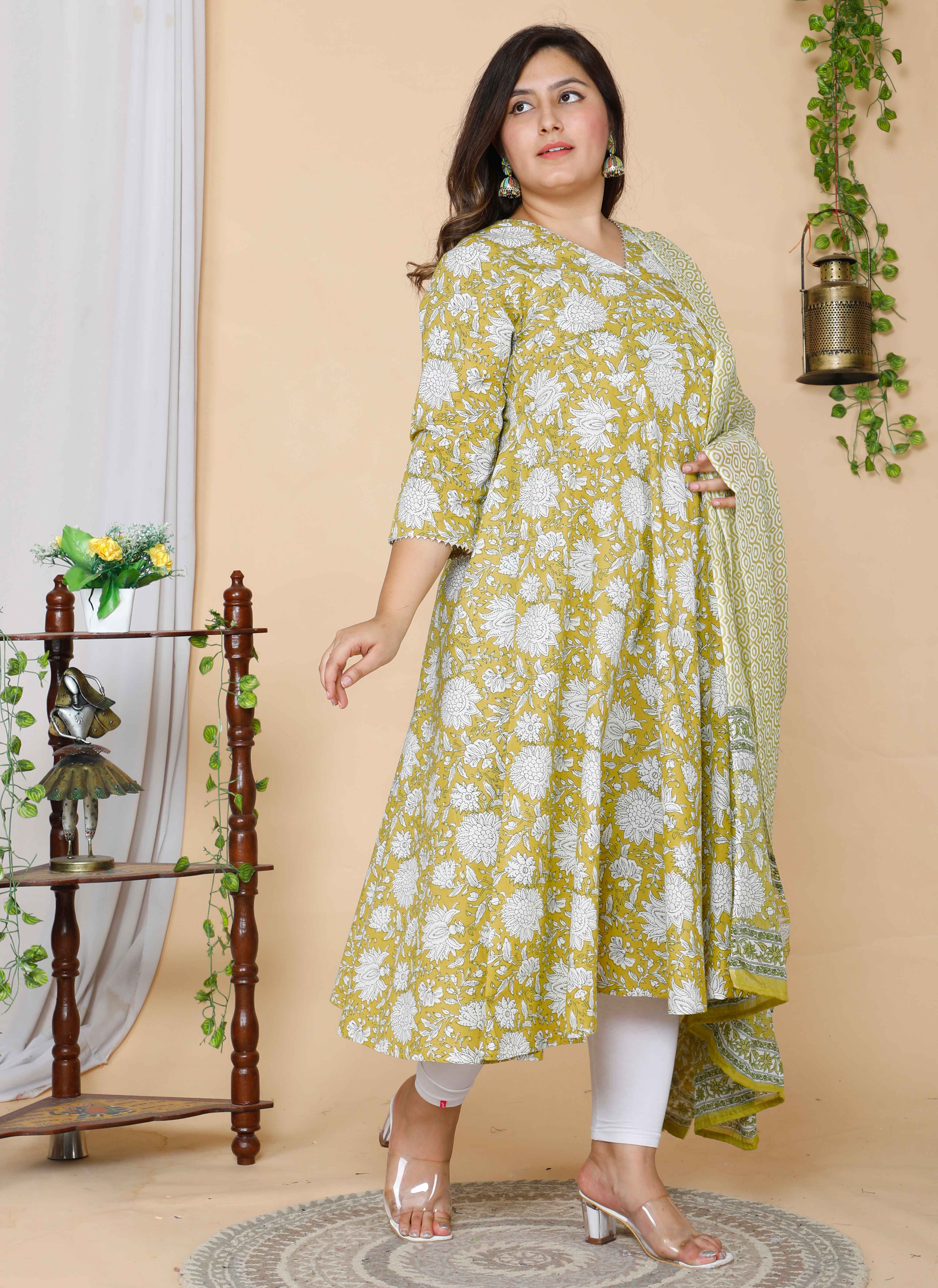 Yellow Floral Printed Cotton Anarkali Kurta with Dupatta Set