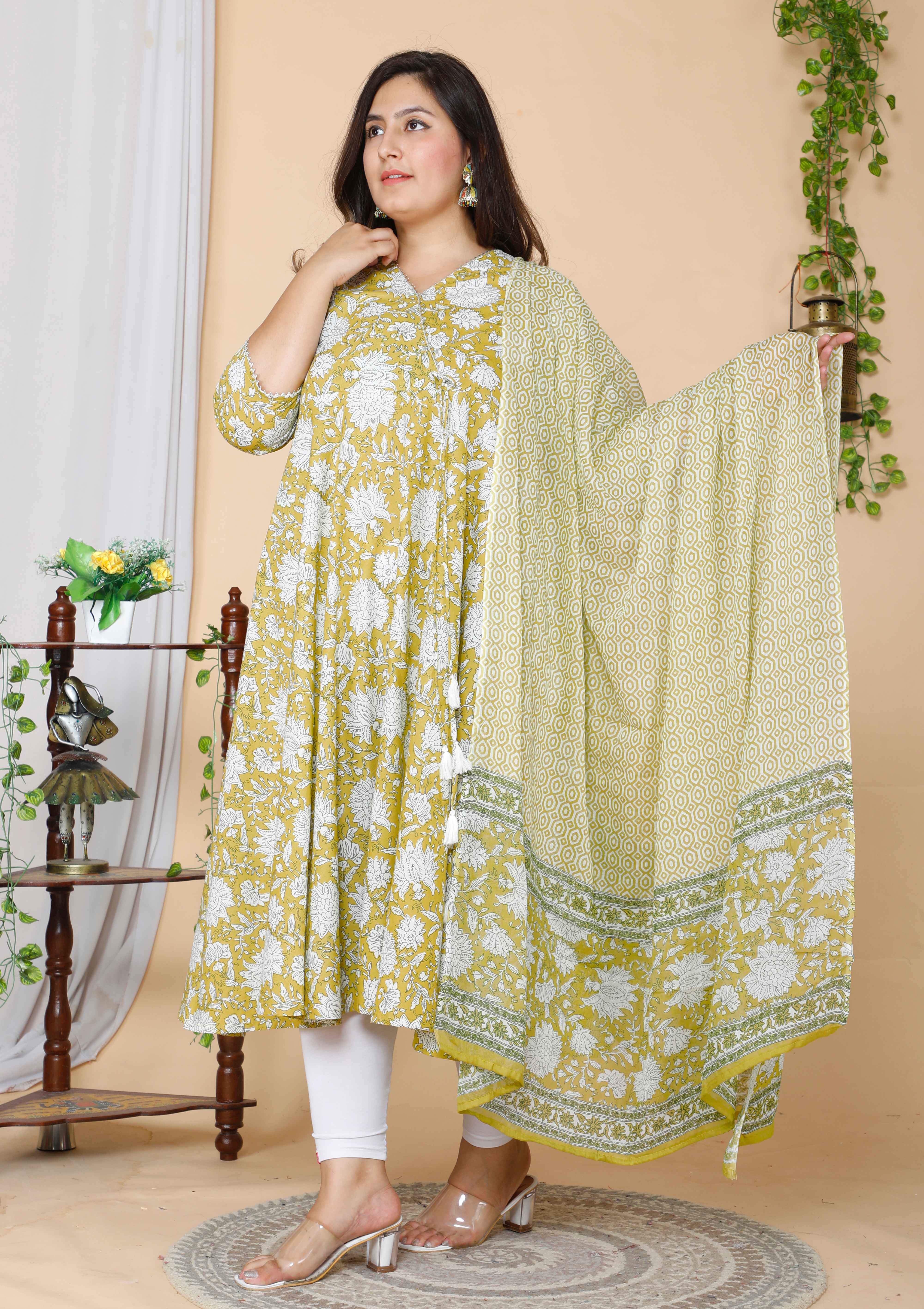 Yellow Floral Printed Cotton Anarkali Kurta with Dupatta Set