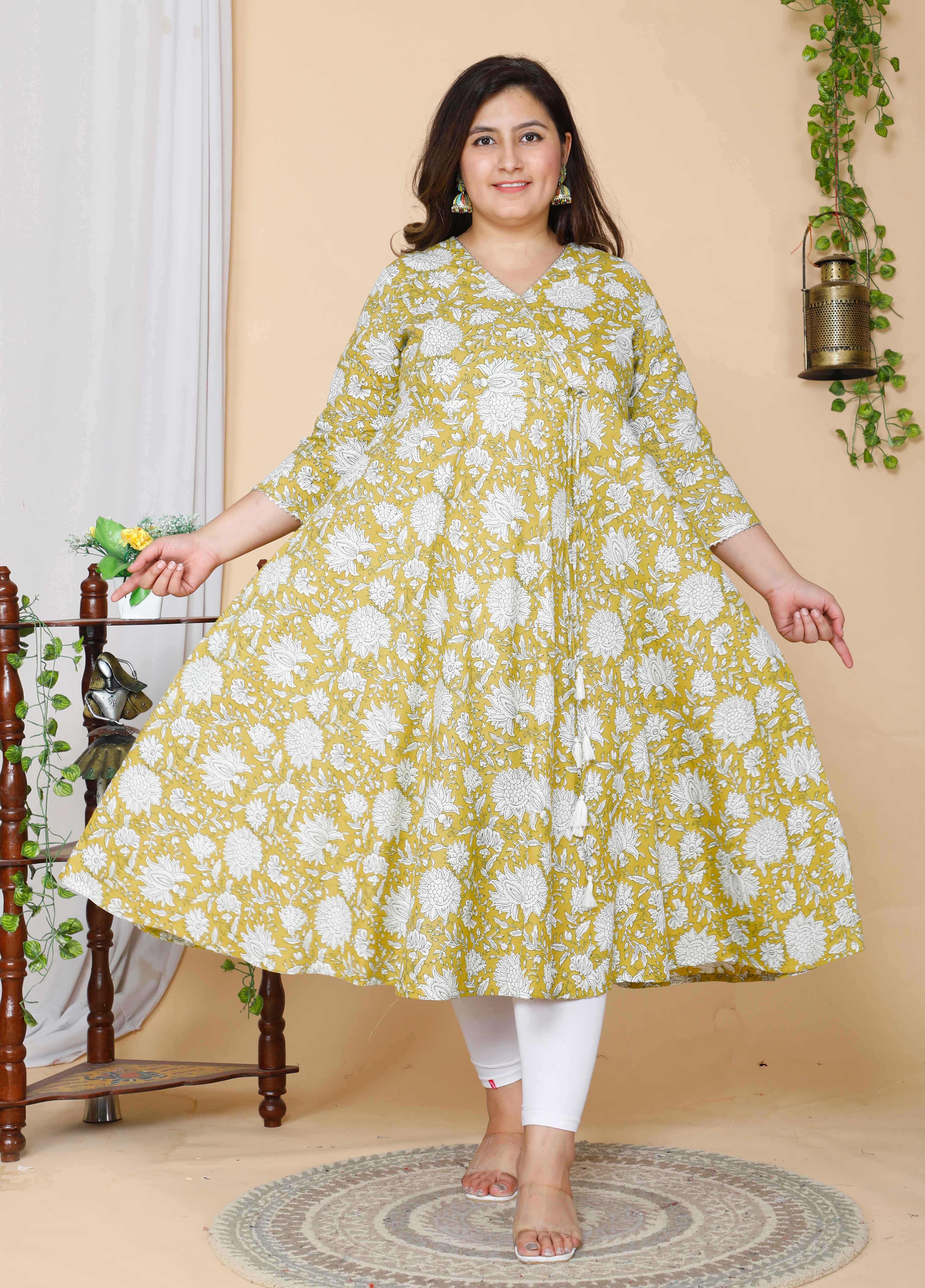 Yellow Floral Printed Cotton Anarkali Kurta with Dupatta Set