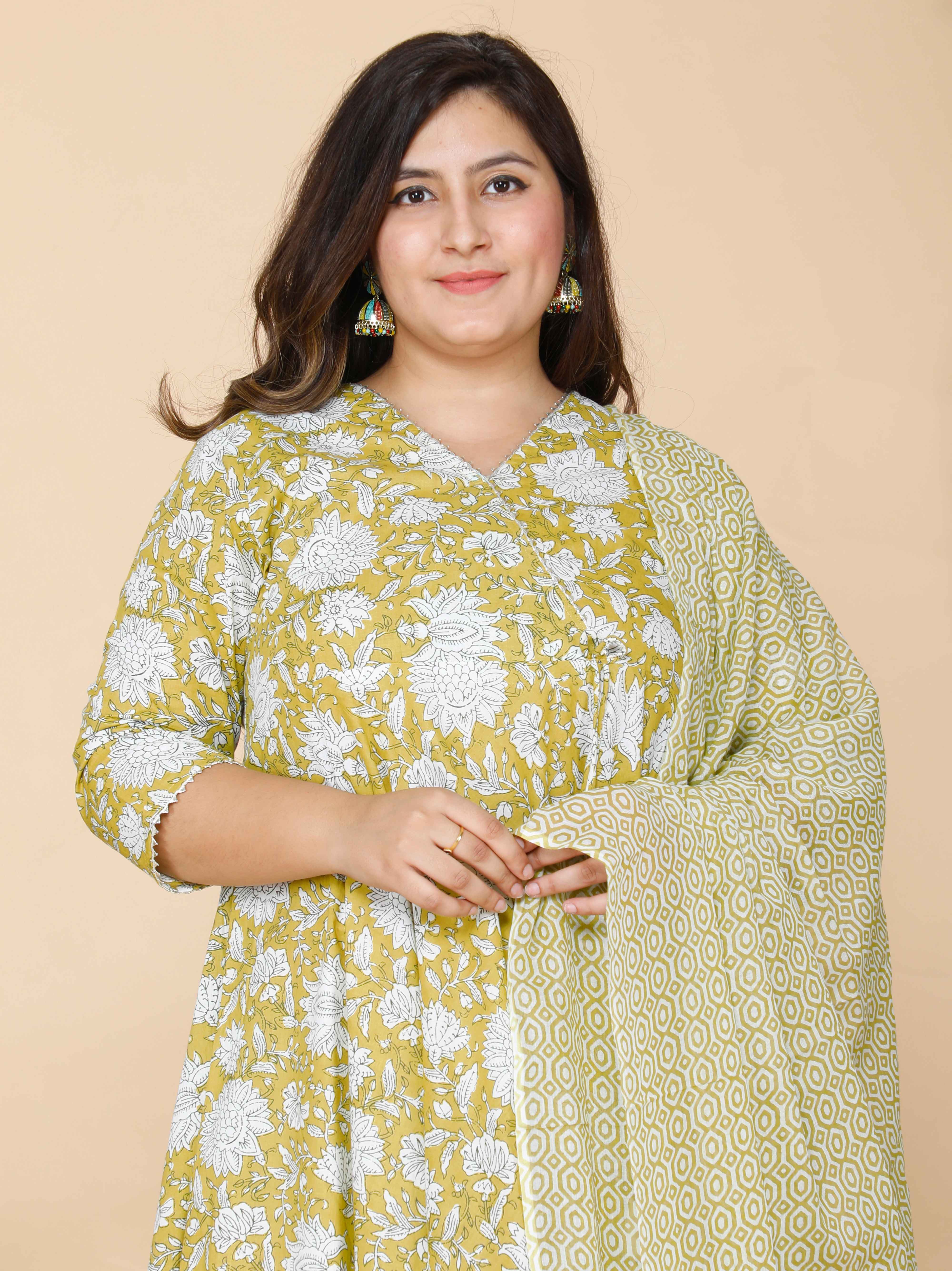 Yellow Floral Printed Cotton Anarkali Kurta with Dupatta Set