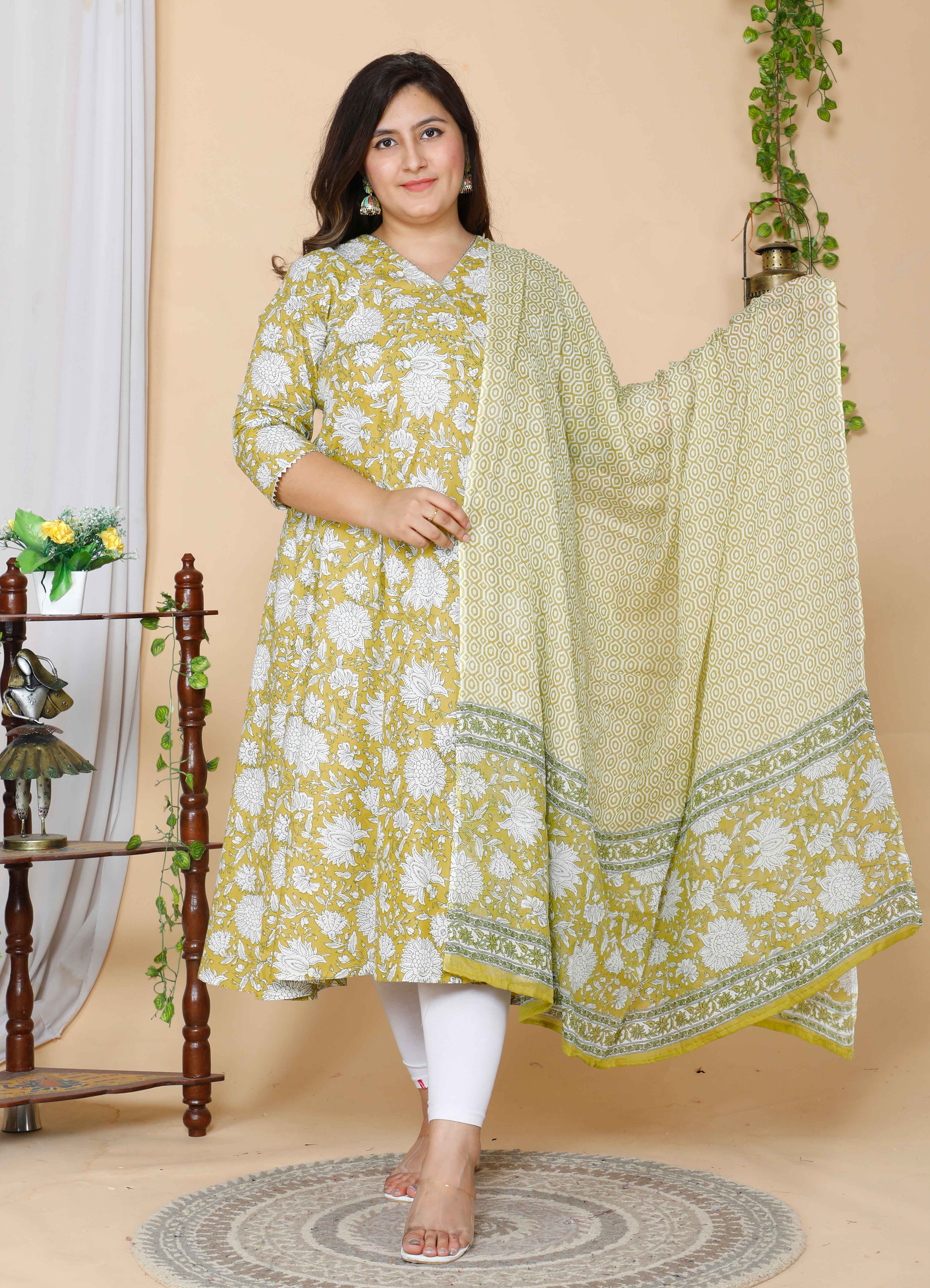 Yellow Floral Printed Cotton Anarkali Kurta with Dupatta Set